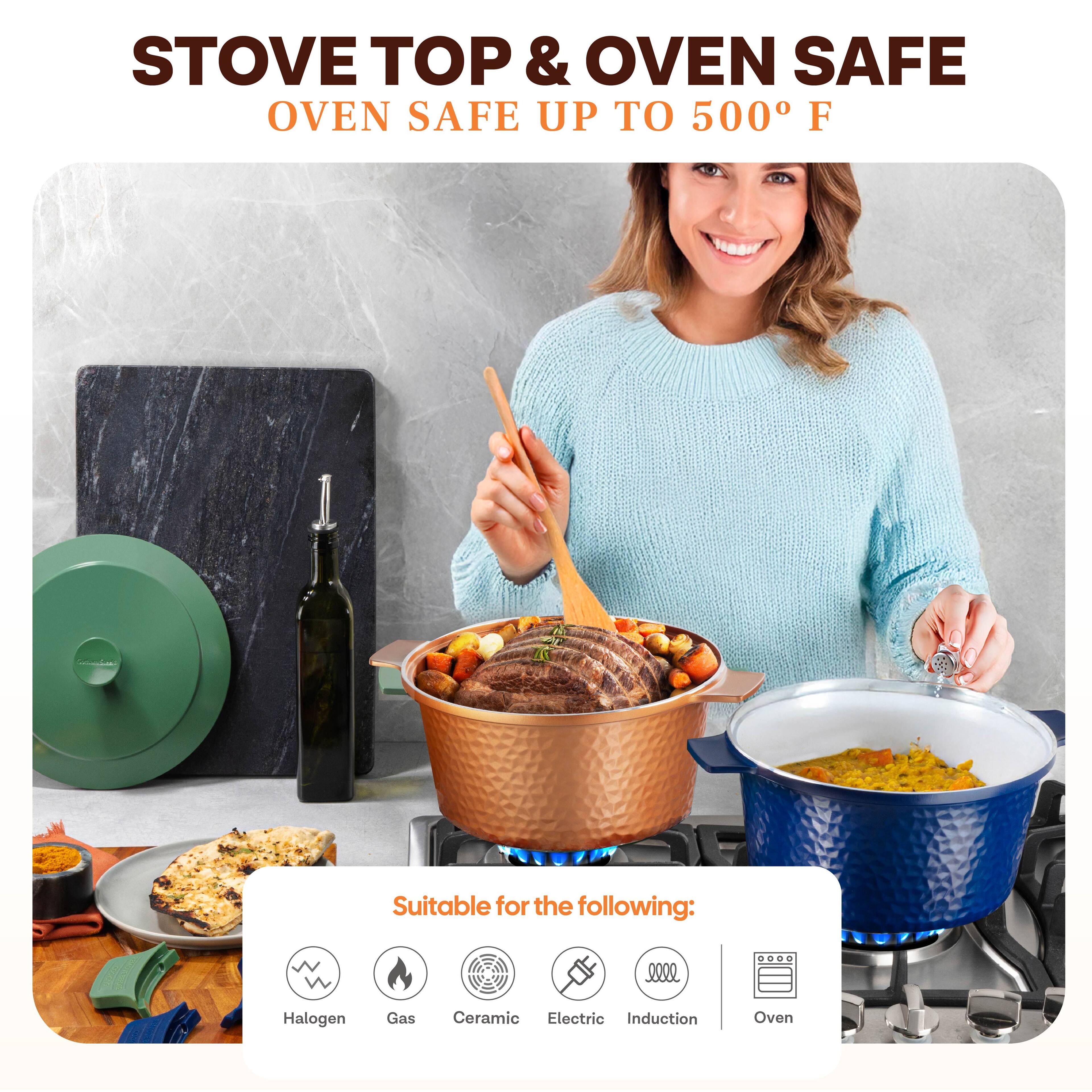 STOVE TOP & OVEN SAFE  
OVEN SAFE UP TO 500° F  

Suitable for the following:  
- Halogen  
- Gas  
- Ceramic  
- Electric  
- Induction  
- Oven