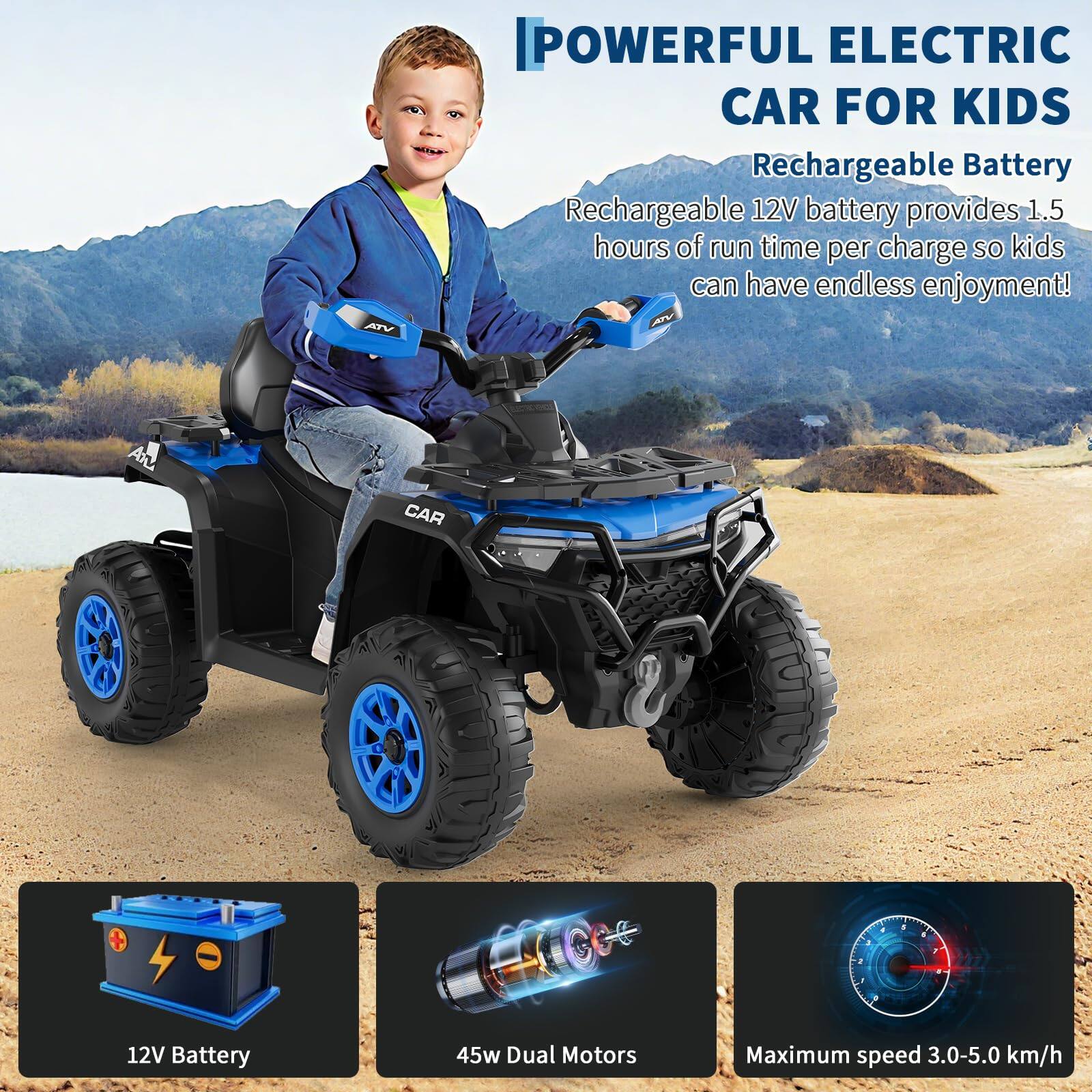 **POWERFUL ELECTRIC CAR FOR KIDS**

- Rechargeable Battery
  - Rechargeable 12V battery provides 1.5 hours of run time per charge so kids can have endless enjoyment!

- 12V Battery
- 45w Dual Motors
- Maximum speed 3.0-5.0 km/h
