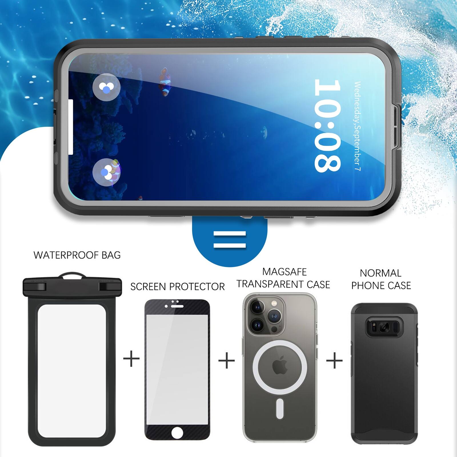 10:08 = WATERPROOF BAG MAGSAFE SCREEN PROTECTOR TRANSPARENT CASE
Wednesday, September 7 NORMAL PHONE CASE
