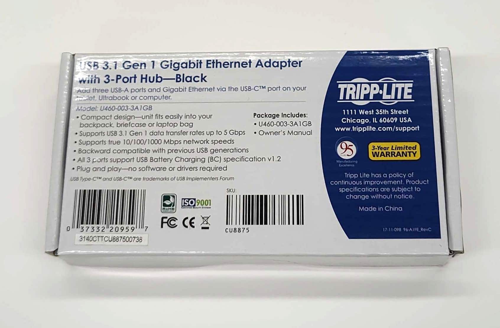 Eaton Tripp Lite Series U460-003-3A1GB USB-C to 3x USB-A Ports and Gigabit Ethernet Adapter Hub- Black
