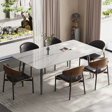 Front. luck idea - 70.8" Long dining table, Sintered stone top, Metal legs - Bright White.