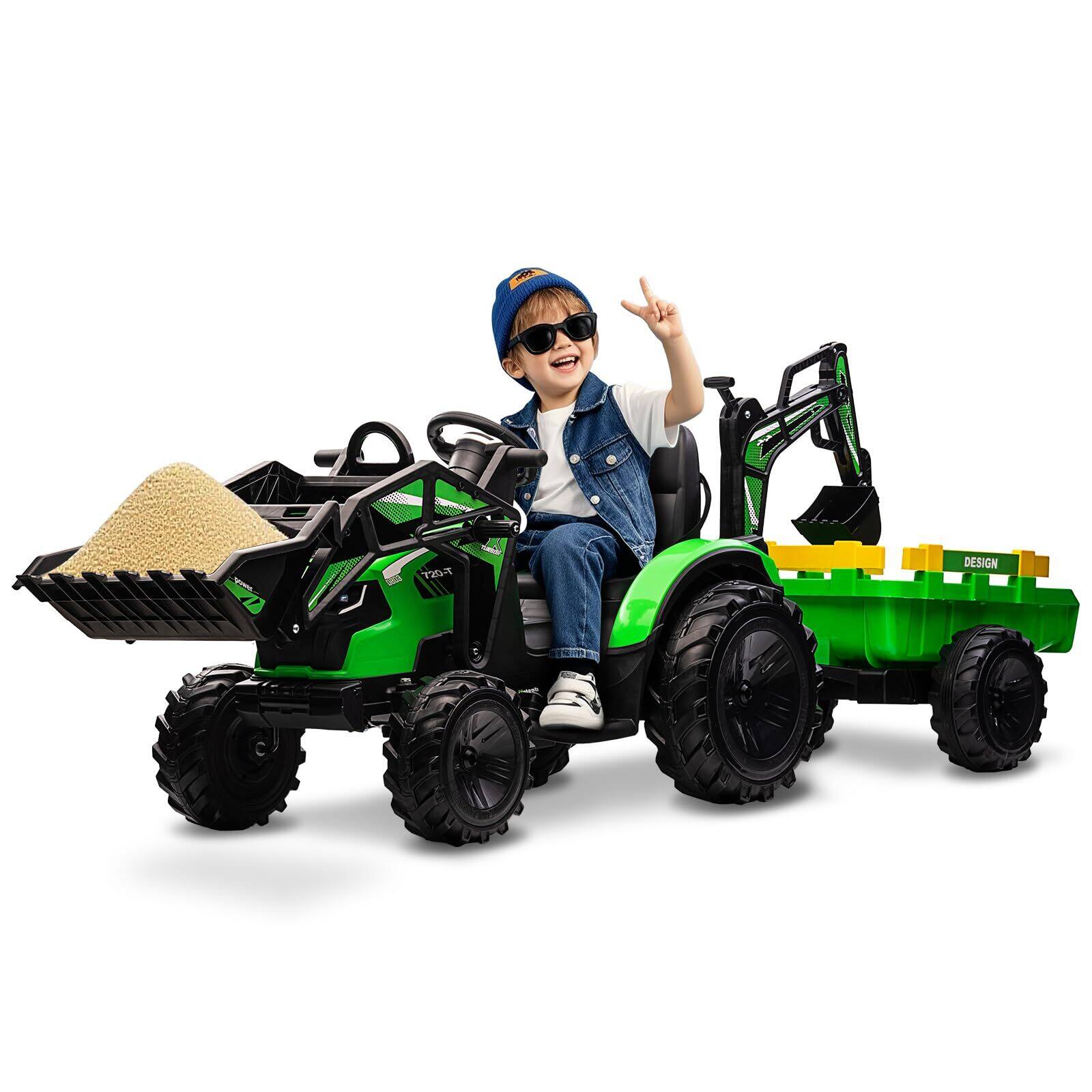 Jojoka - 3 in 1 Ride on Tractor, Excavator & Bulldozer, GAOMON 24V Electric Vehicles w/Trailer - Green