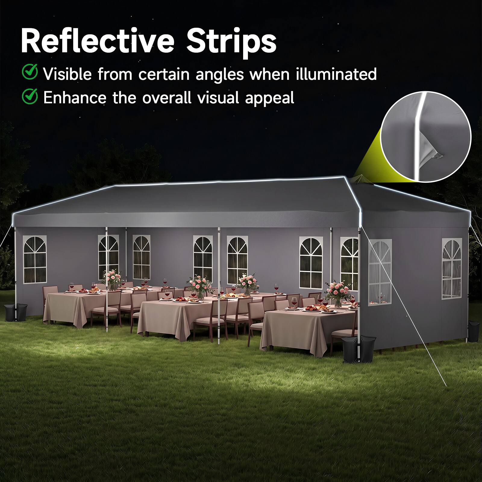 Reflective Strips
- Visible from certain angles when illuminated
- Enhance the overall visual appeal