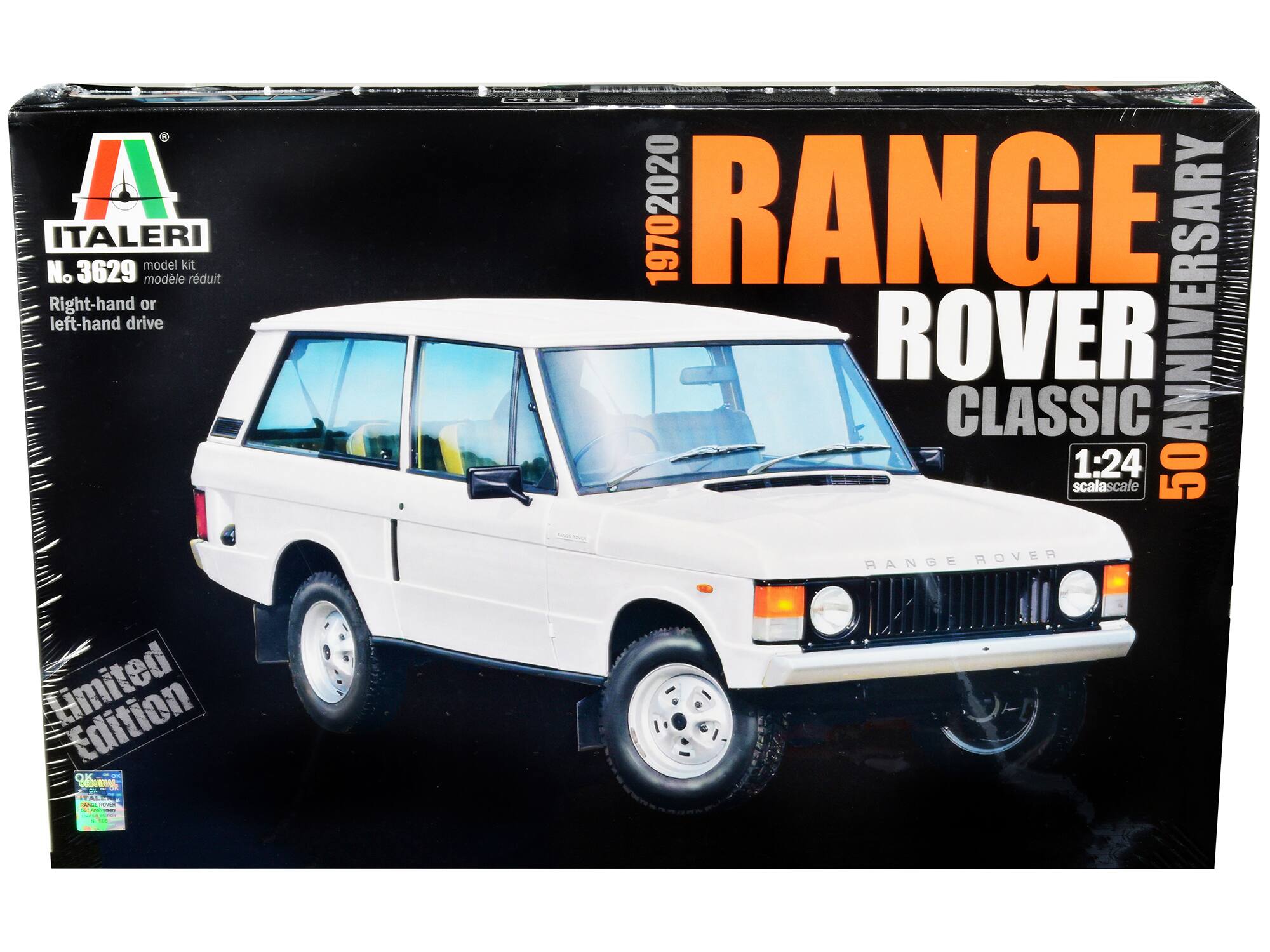 ITALERI  
model kit  
No. 3629  
modèle réduit  
Right-hand or left-hand drive  

RANGE ROVER CLASSIC  
1970-2020  
50 ANNIVERSARY  
1:24  

Limited Edition  

scala scale