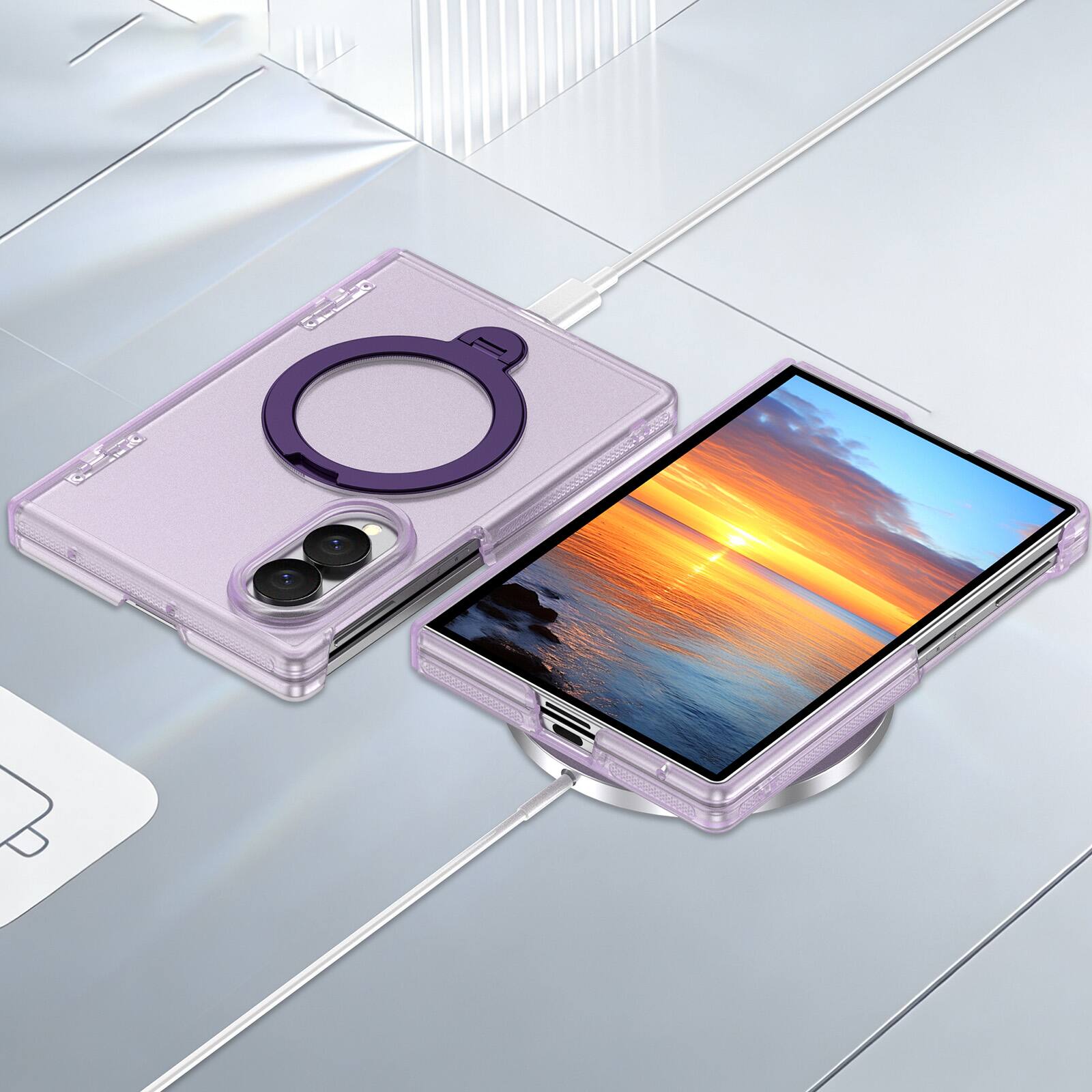 Alt View 2. Dteck - Shockproof Frosted Phone Case for Samsung Galaxy Z Fold8 with Ring Stand, Rugged Slim Magnetic Rigid Plastic Hinge Cover - Mattepurple.