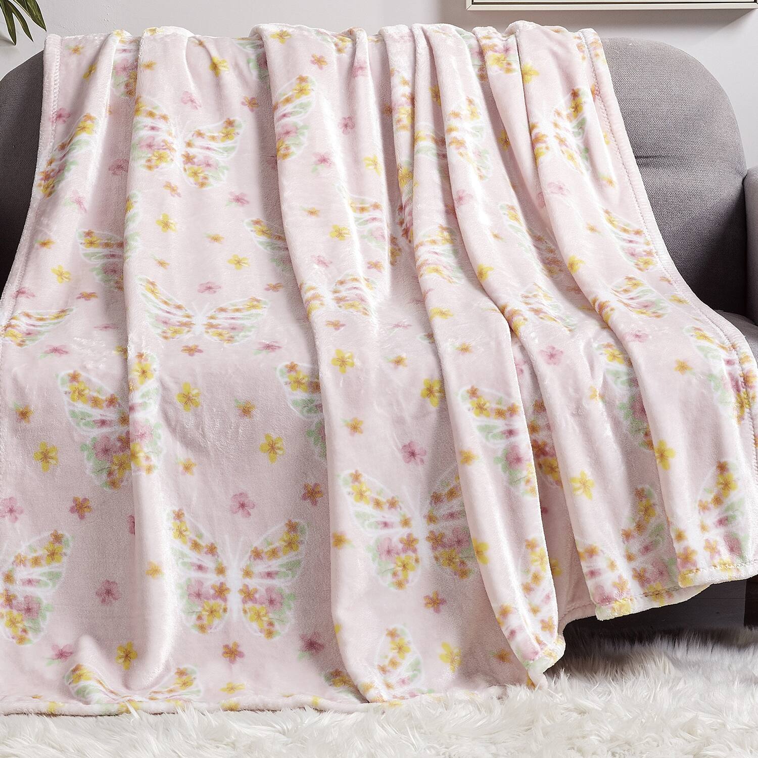 Alt View 2. Plazatex - Plazatex 100% Polyester Butterfly Garden Lightweight Oversized Throw Blanket 60" x 70" White - Blush.
