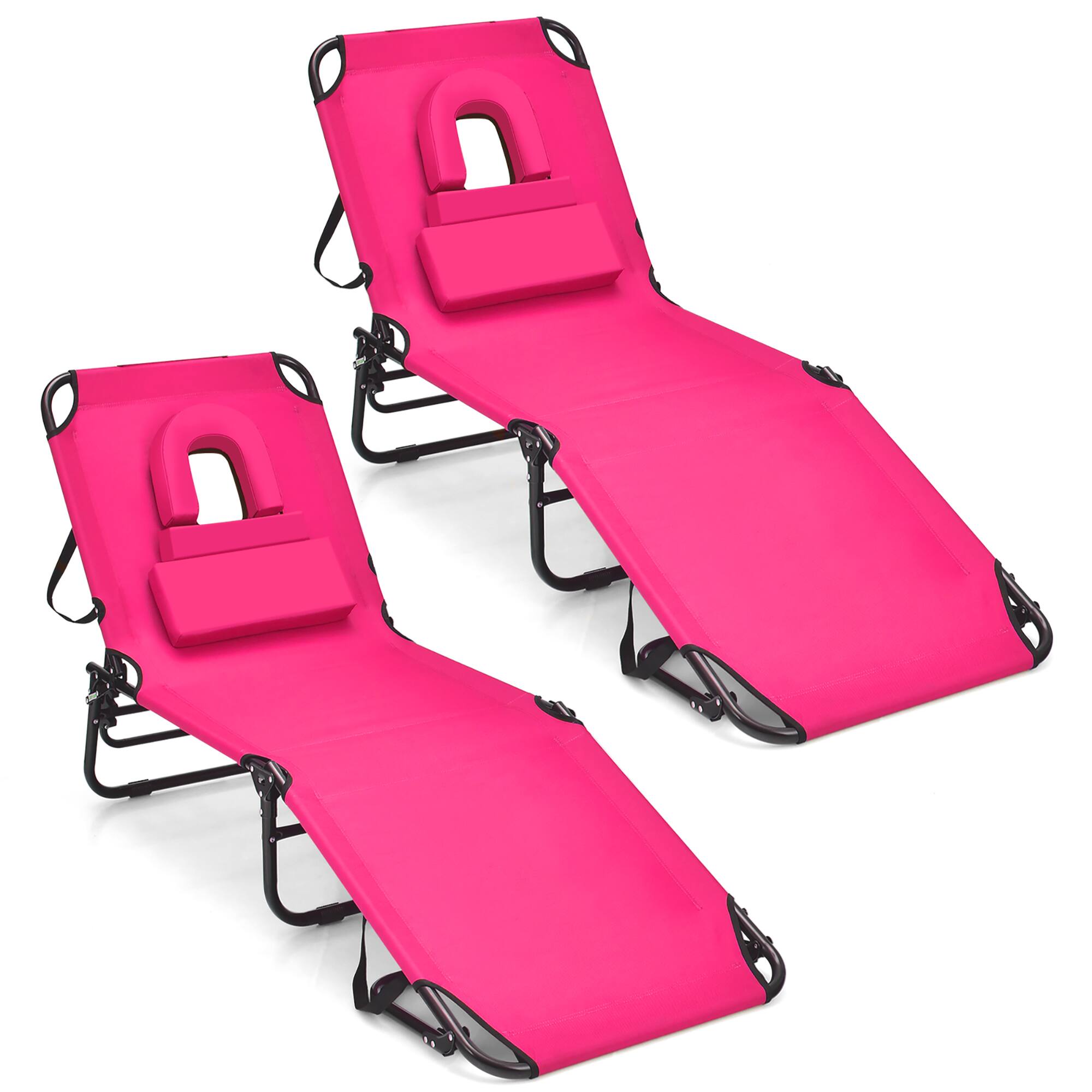 Alt View 9. Gymax - Gymax 2PCS 5-Position Lounge Chair Adjustable Beach Chaise w/ Face Cavity & Pillows - Pink.