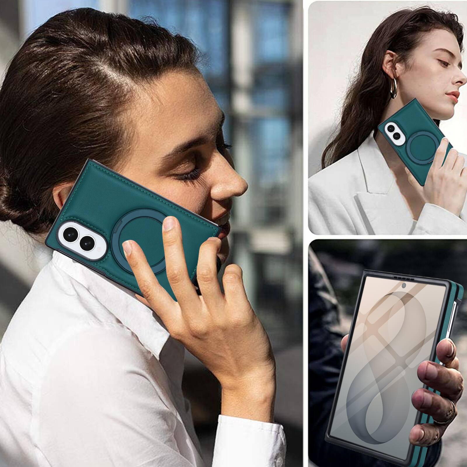 Alt View 4. Dteck - Shockproof Case for Samsung Galaxy Z Fold8 with Stand, Magnetic Leather Texture Rigid Plastic Cover Built in Screen Film - Green.