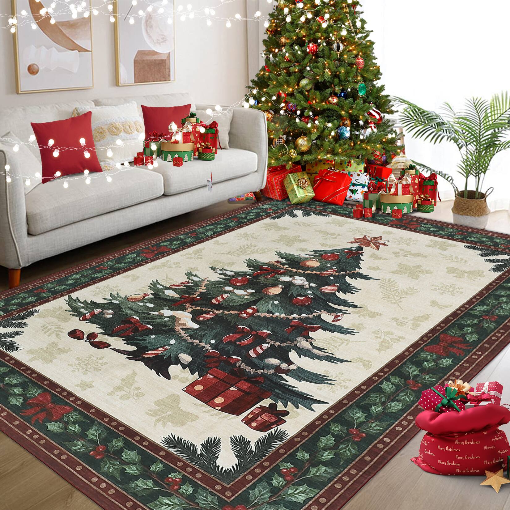 Alt View 2. Acekool - Christmas Tree 4x6 Washable Area Rugs,Indoor Untra-Thin Rug for Entryway Kitchen Living Room Floor - Red.