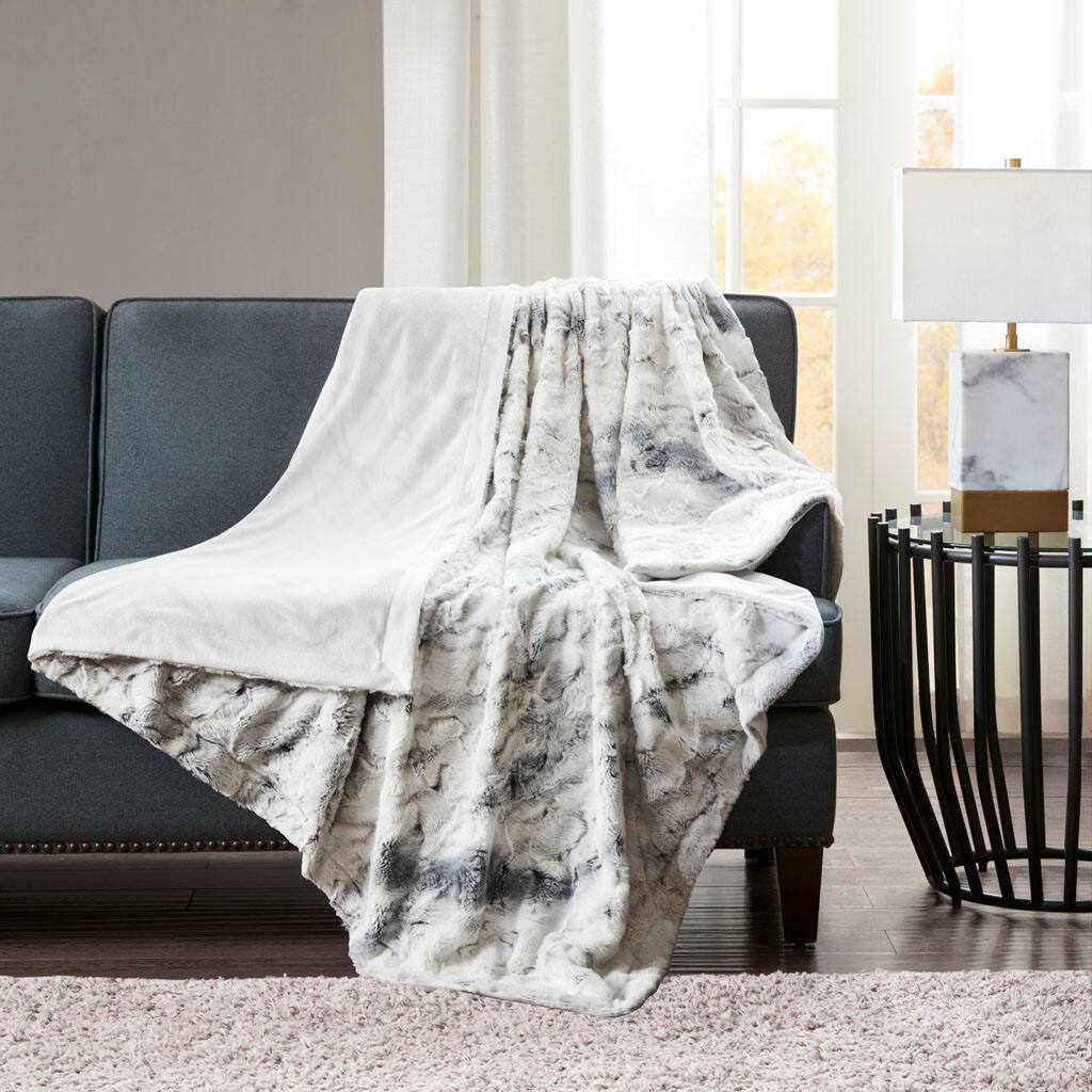 Alt View 1. Gracie Mills - Gracie Mills Porfirio Oversized Marble Print Faux Fur Throw Blanket - Grey.