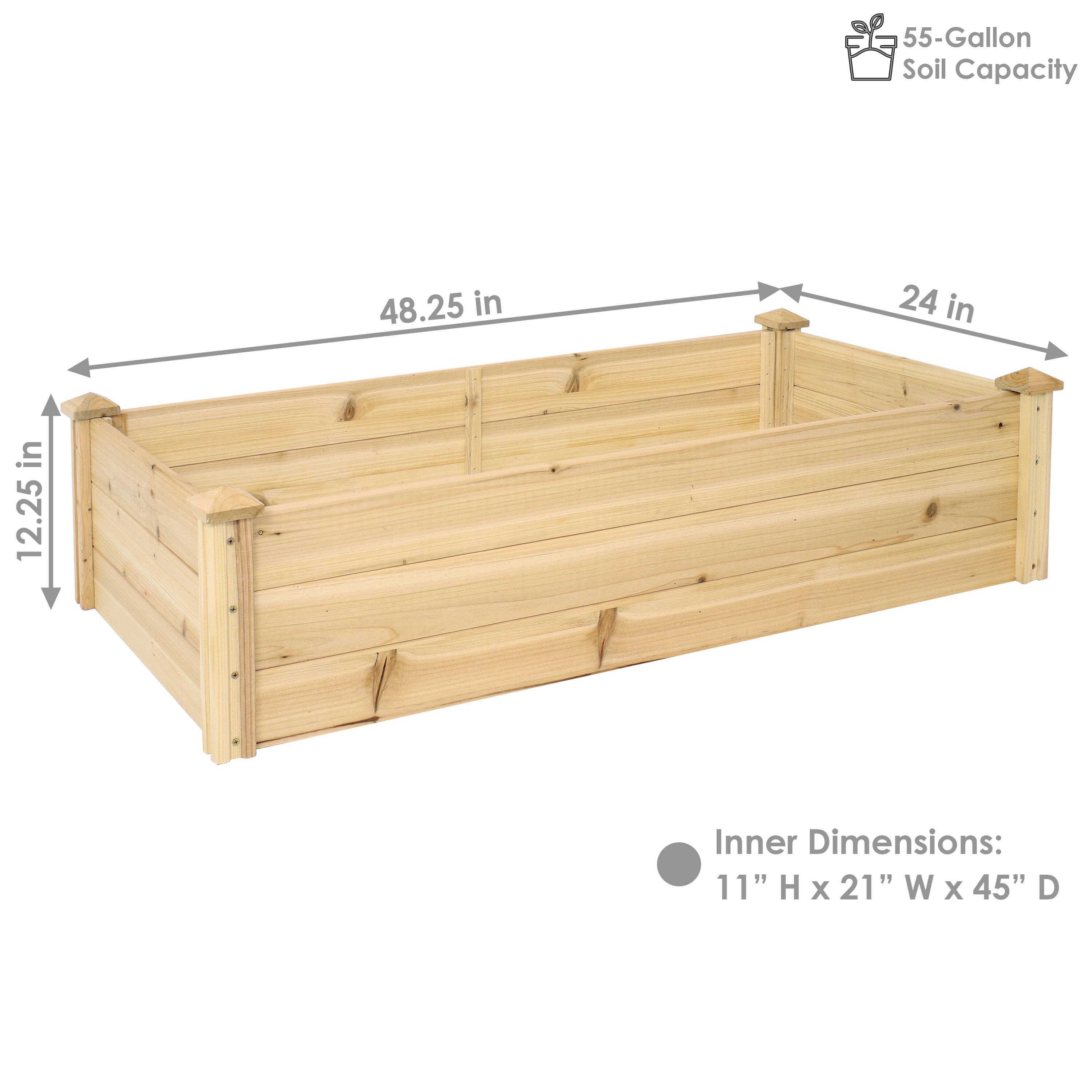 55-Gallon Soil Capacity

Inner Dimensions: 11" H x 21" W x 45" D

Outer Dimensions: 12.25" H x 24" W x 48.25" D
