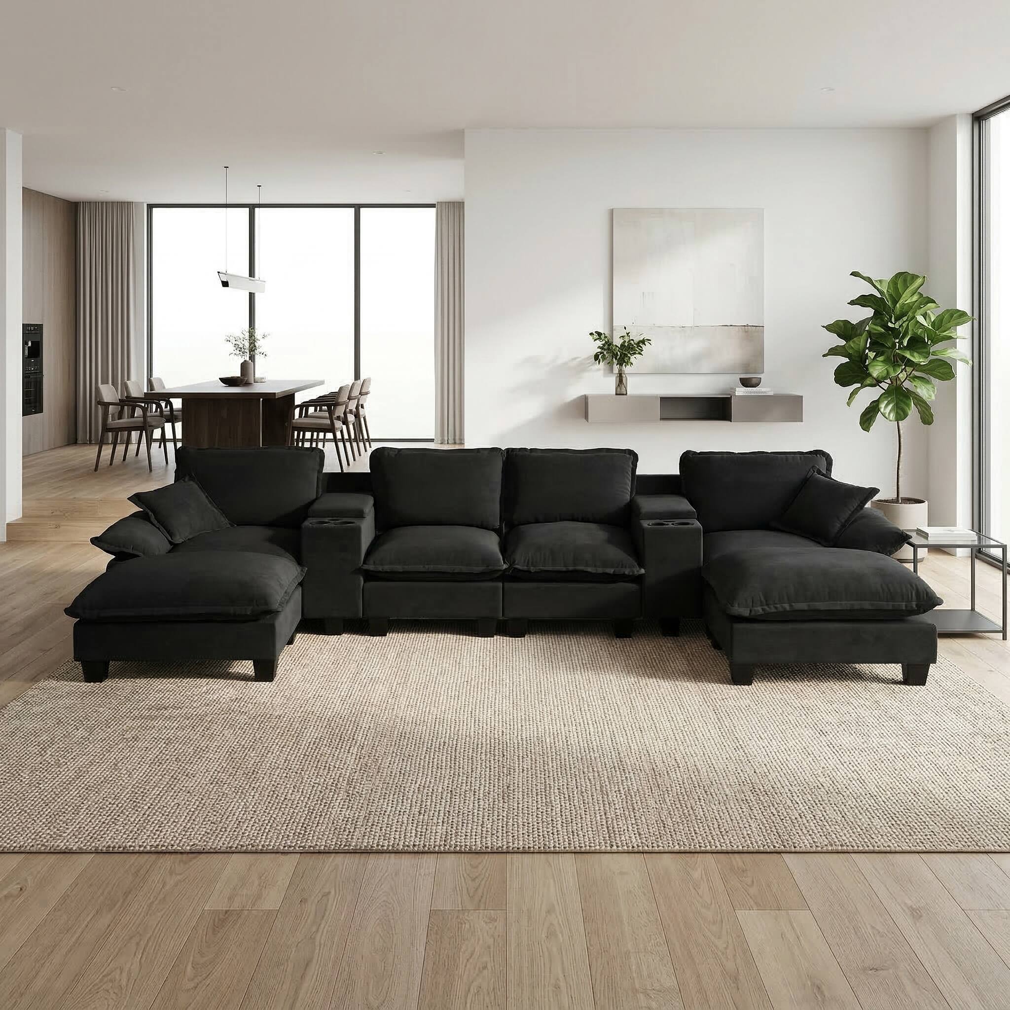 Alt View 3. Anysun - U-Shape Chenille Sailboat Cloud Sofa - 2 Storage Consoles with Cup Holders & USB, 2 Ottomans & 2 Pillows - Black.