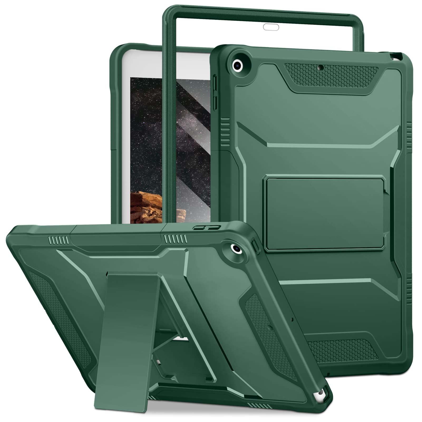 Front. DTTO - iPad 10.2 inch Case for 7th/8th/9th Gen (2019-2021) with Screen Protector, Shockproof Cover and Kickstand - Midnight Green.