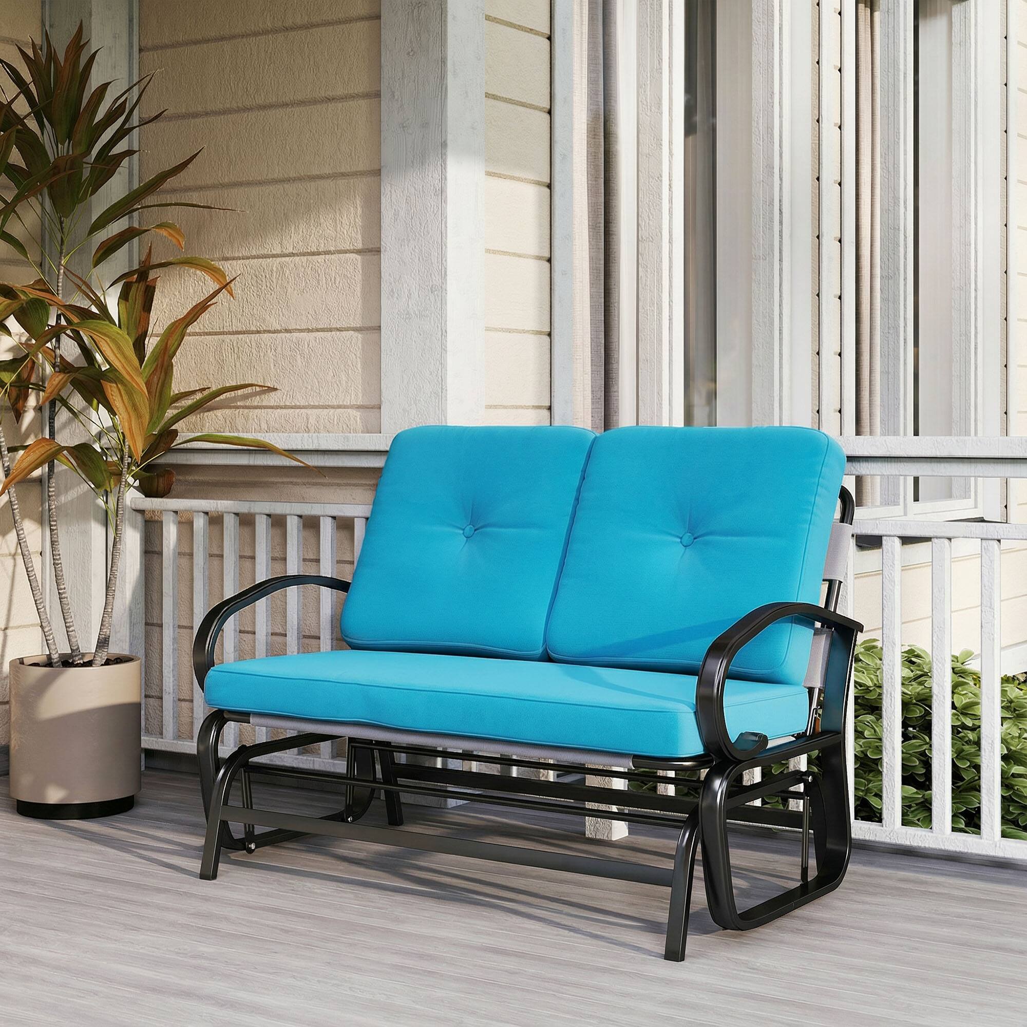 Alt View 8. Outsunny - Outdoor Glider Bench, 2-Person Patio Rocker Loveseat with Tufted Cushions, Steel Frame for Porch, Garden Backyard - Blue.