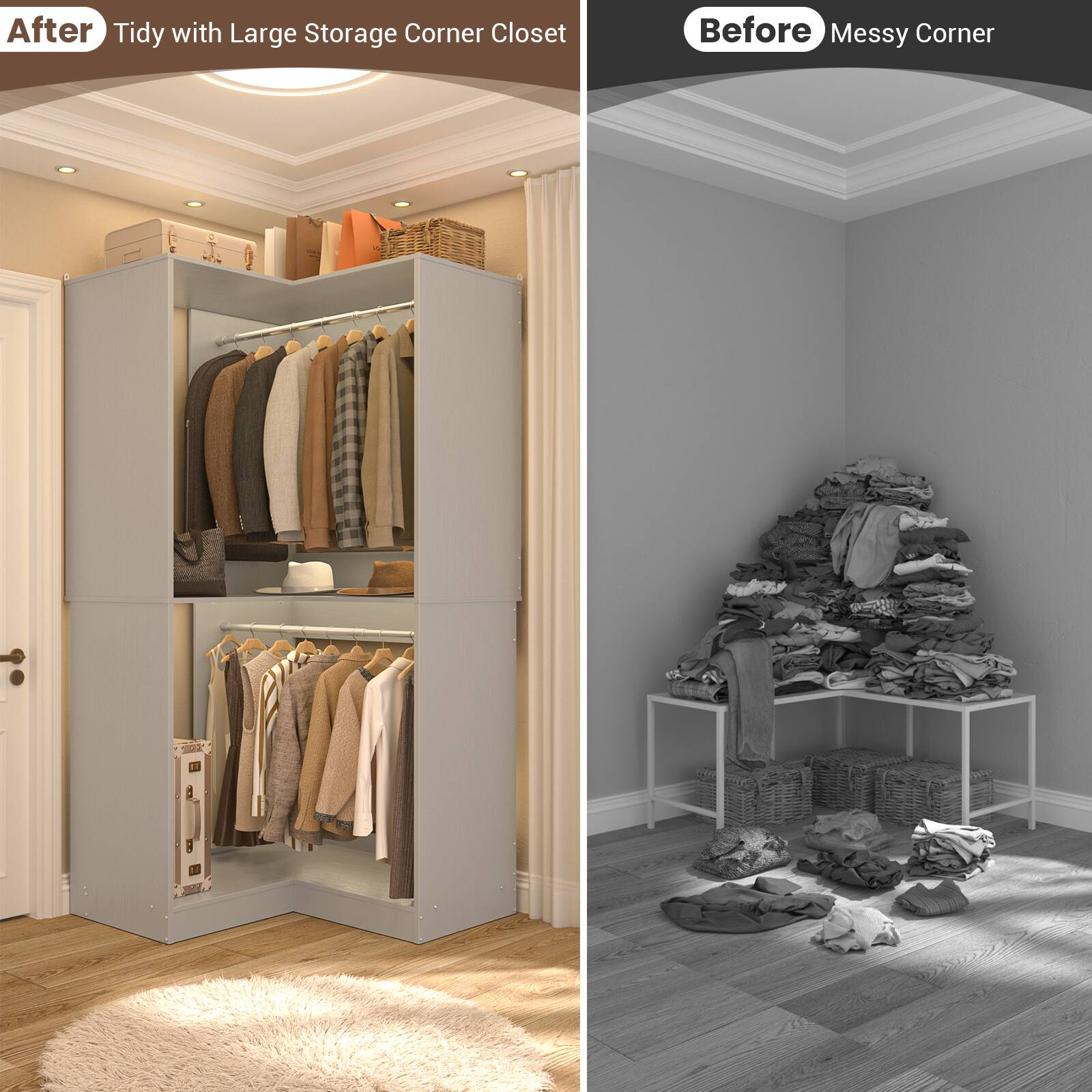 After: Tidy with Large Storage Corner Closet

Before: Messy Corner