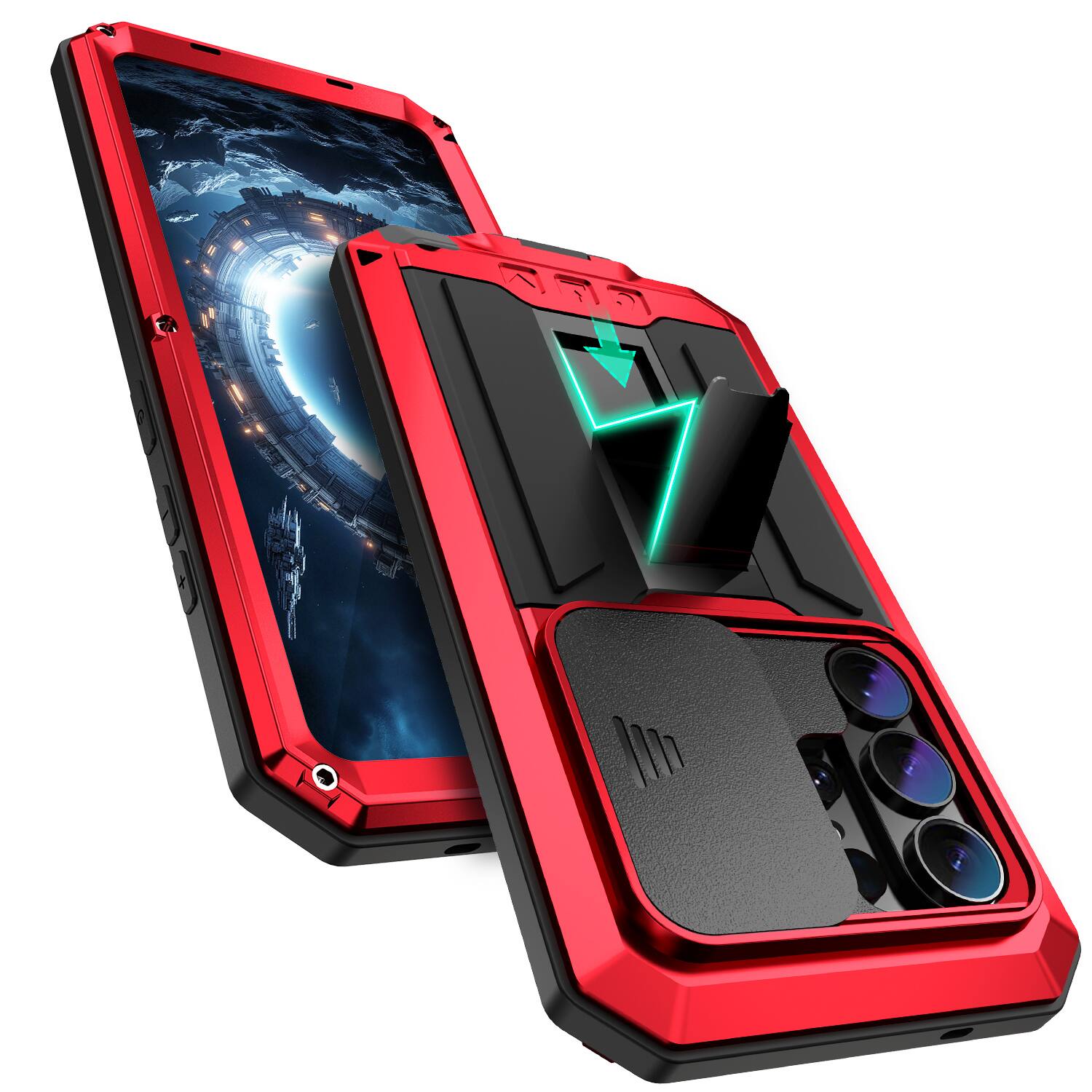 Left. UUCOVER - Rugged Heavy Duty Case for Samsung Galaxy S26 Ultra with Screen Protector Shockrpoof Metal+TPU Sliding Lens Stand Cover - Red.