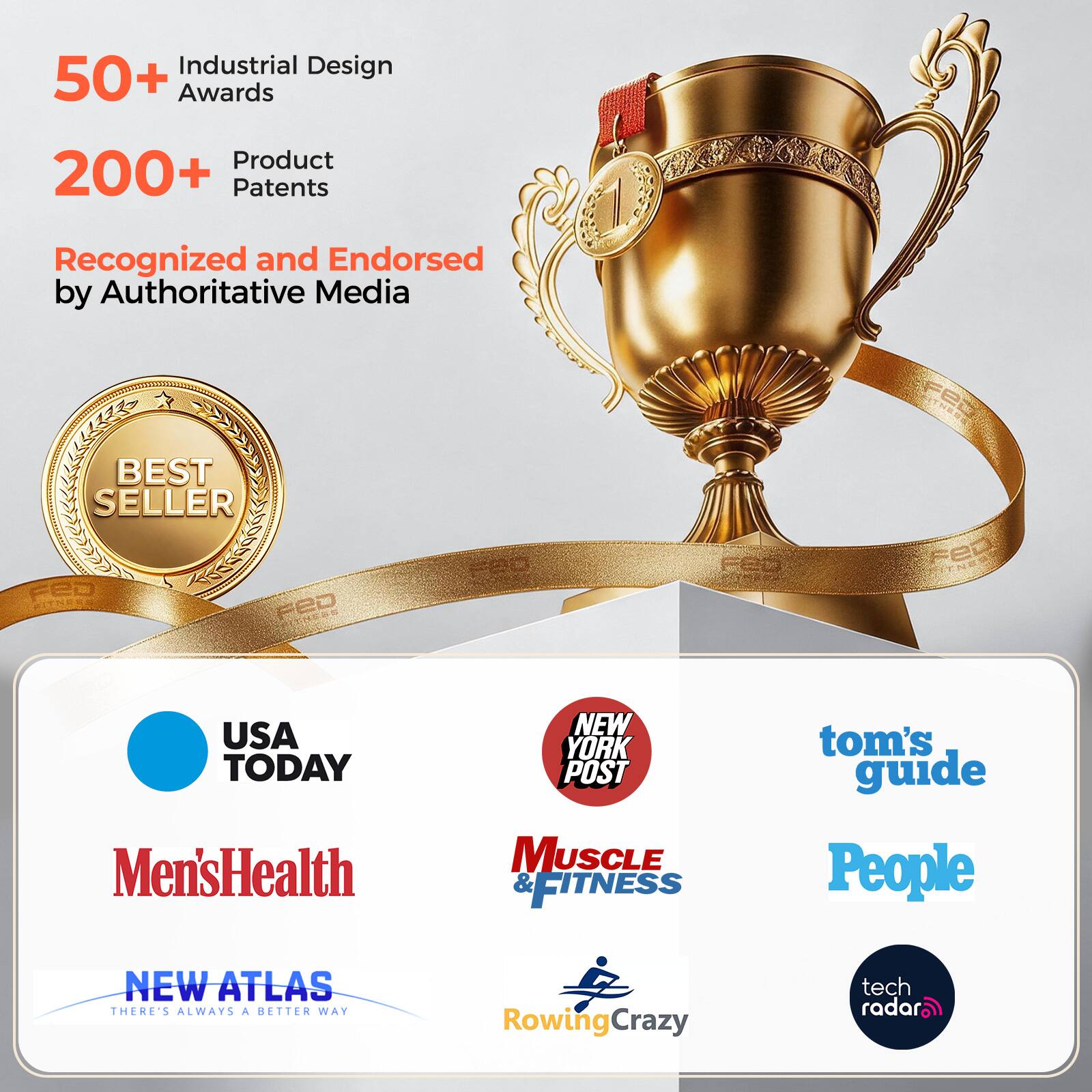 Industrial Design 50+ Awards  
Product 200+ Patents  
Recognized and Endorsed by Authoritative Media  

BEST SELLER  
USA TODAY Men's Health  
NEW YORK POST  
MUSCLE & FITNESS  
tom's guide  
People  
NEW ATLAS  
THERE'S ALWAYS A BETTER WAY  
RowingCrazy  
tech radar