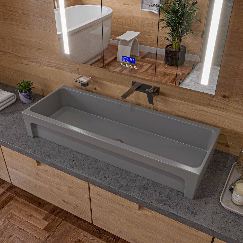 Angle. Alfi - 48" Grey Matte Above Mount Fireclay Bathroom Trough Sink - Gray.