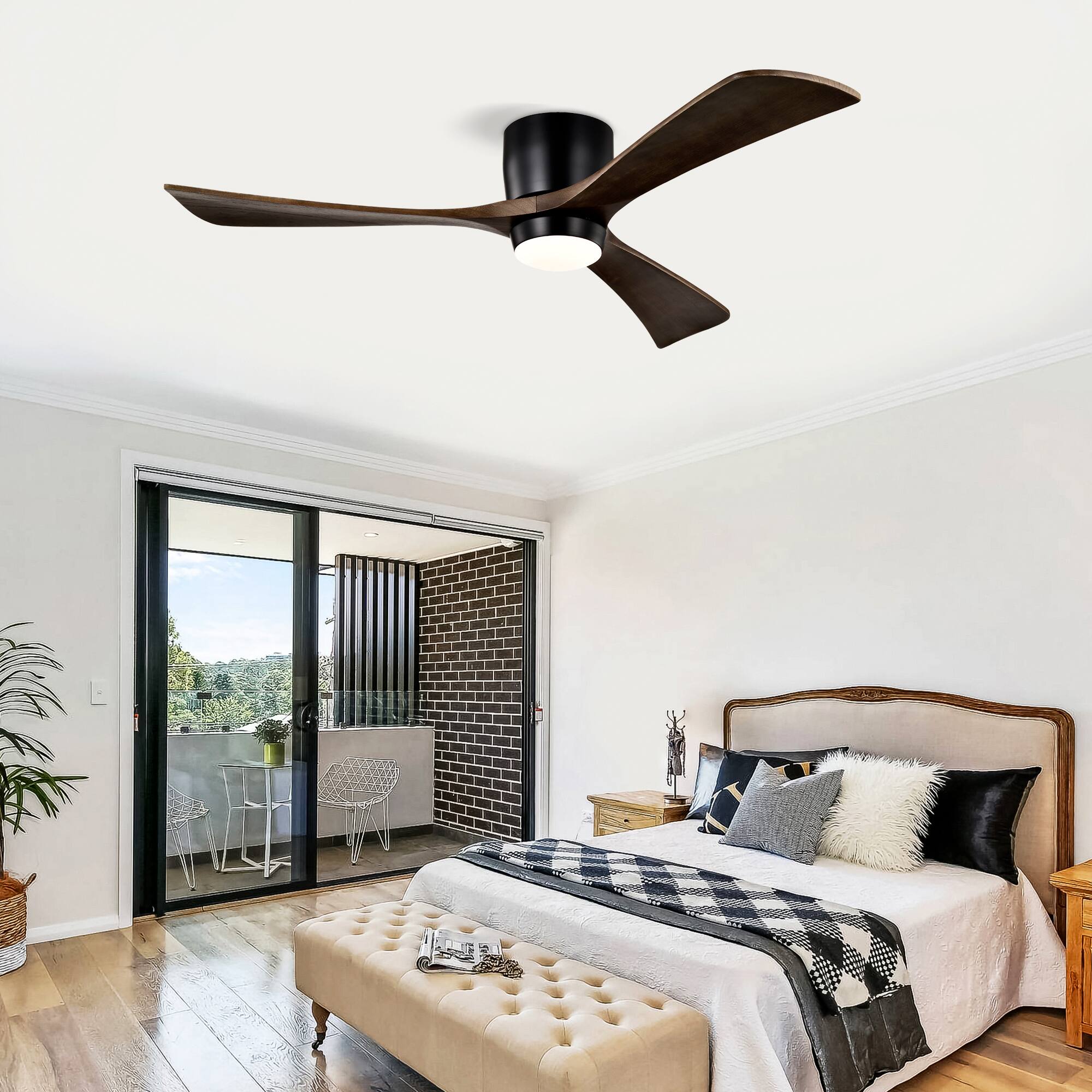 Alt View 1. Loheer - Loheer 52 Inch Flush Mount Wood Ceiling Fan with Light Matte Black Quiet DC Motor Remote for Bedroom Living Room.