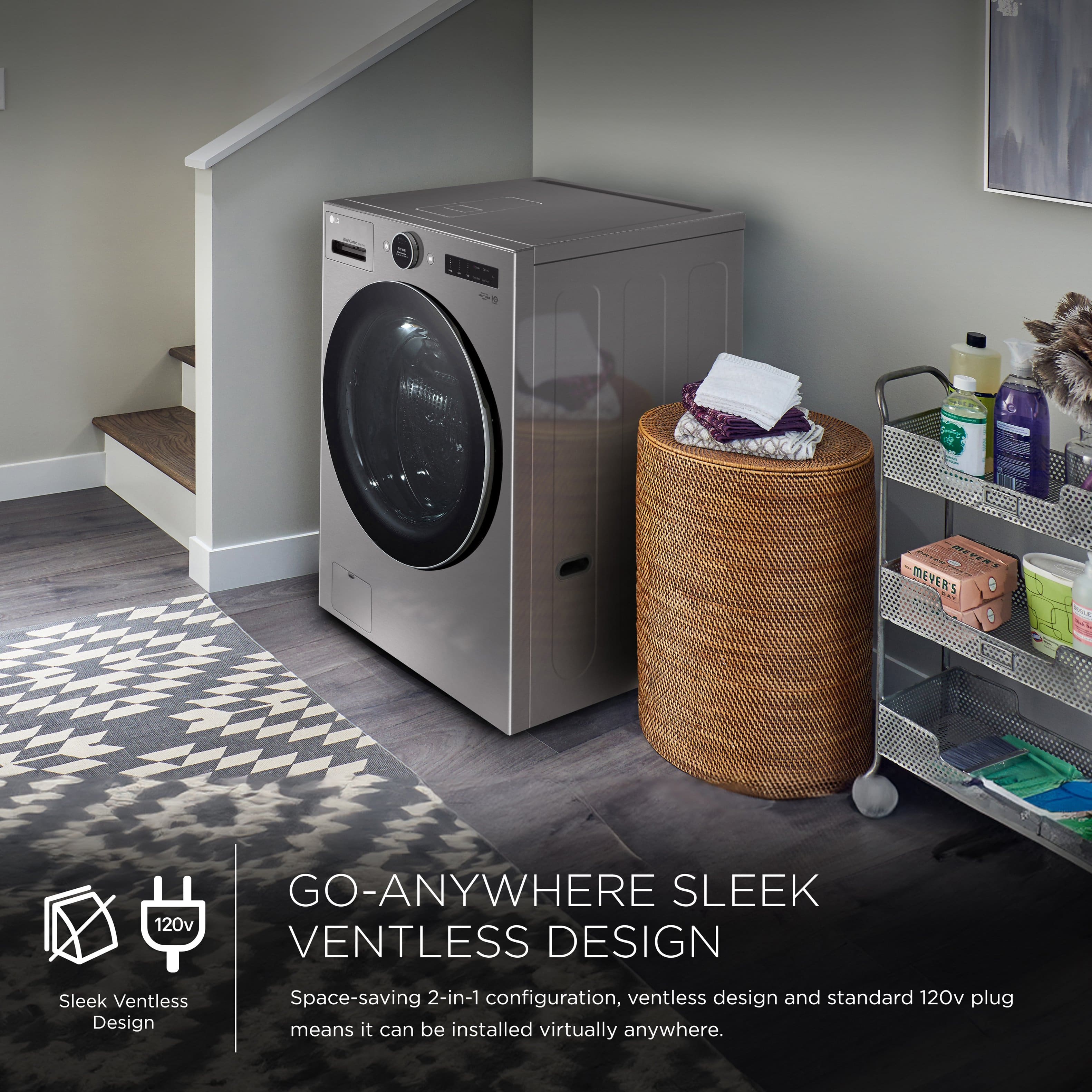 The text on the image is already grouped and correctly written. It reads: "Go-Anywhere Sleek 120v Ventless Design Sleek Ventless Design Space-saving 2-in-1 configuration, ventless design and standard 120v plug means it can be installed virtually anywhere."