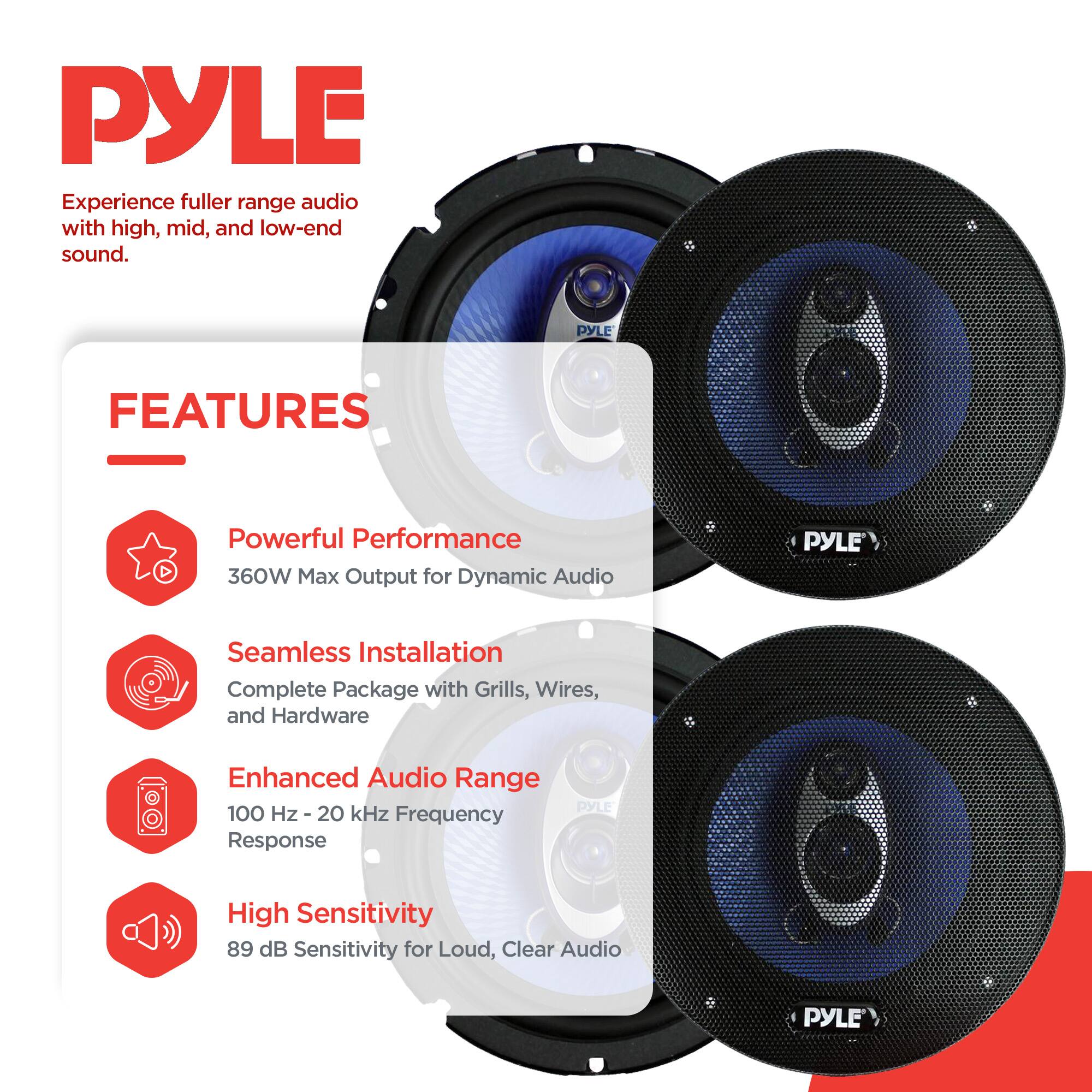 PYLE  
Experience fuller range audio with high, mid, and low-end sound.  

FEATURES  
Powerful Performance  
360W Max Output for Dynamic Audio  

Seamless Installation  
Complete Package with Grills, Wires, and Hardware  

Enhanced Audio Range  
100 Hz - 20 kHz Frequency Response  

High Sensitivity  
89 dB Sensitivity for Loud, Clear Audio