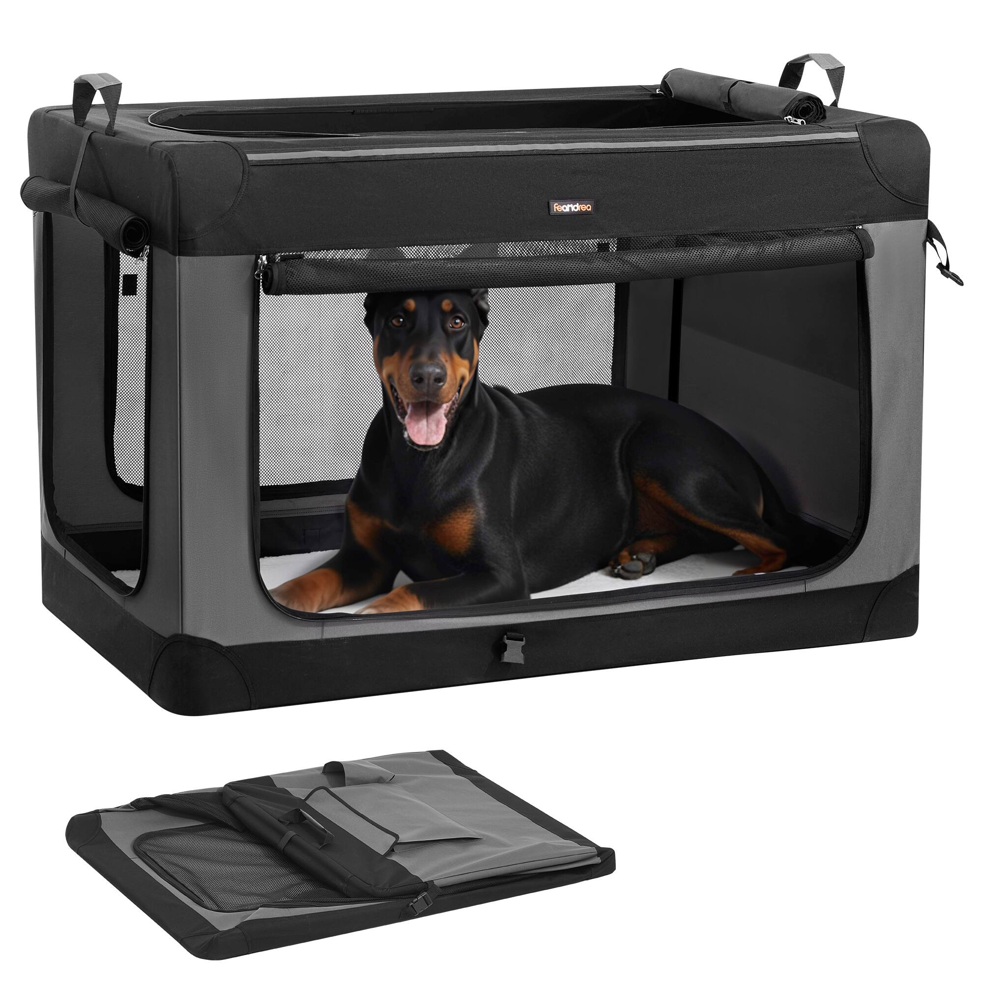 Front. Songmics Home - Collapsible Dog Crate, 48-Inch Portable Dog Travel Crate for Extra Large Dogs, Oxford Fabric Pet Carrier - Ink Black.