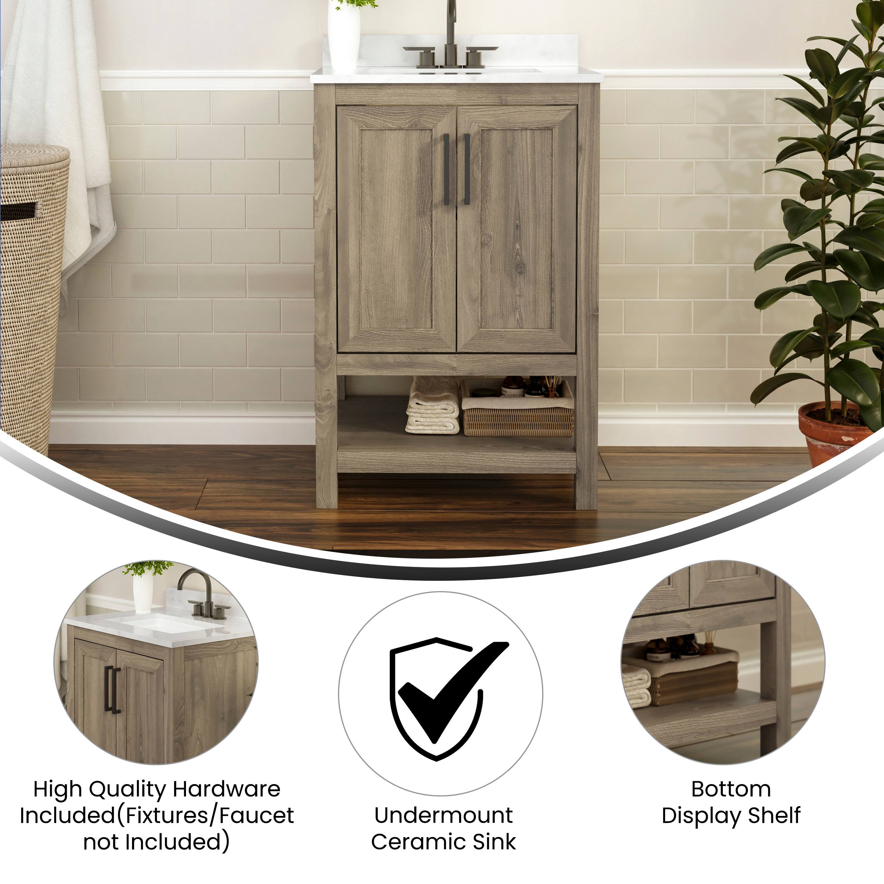 - High Quality Hardware Included (Fixtures/Faucet not Included)
- Undermount Ceramic Sink
- Bottom Display Shelf