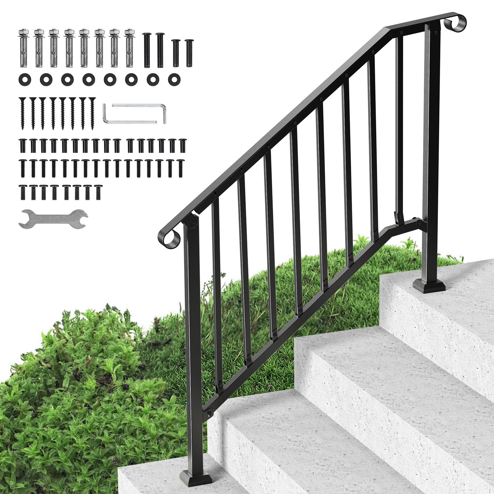 VEVOR - Handrails for Outdoor Steps, 3-4 Step Stair Hand Rail Kit, Transitional Iron Railings with Installation Kit - Black
