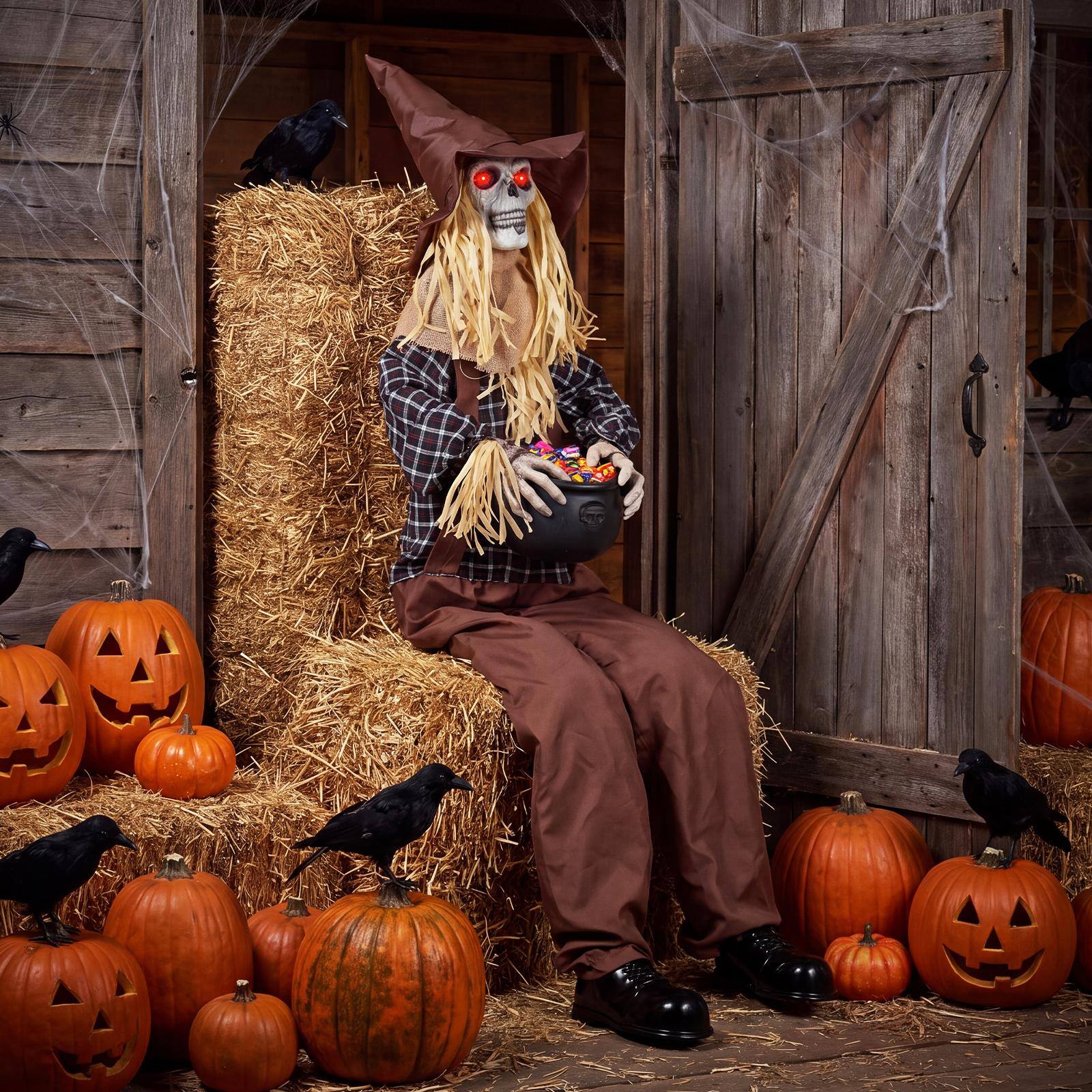 Alt View 4. Costway - Costway Halloween Animatronic Sitting Scarecrow with Candy Bowl Lighted Eyes Head Movement - Multicolor.
