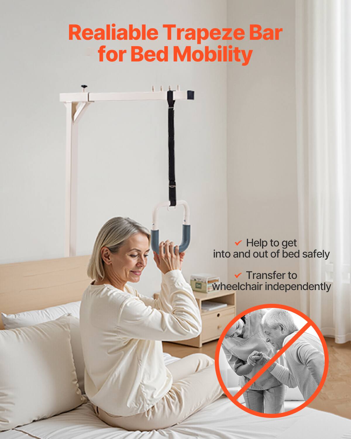 Reliable Trapeze Bar for Bed Mobility

- Help to get into and out of bed safely
- Transfer to wheelchair independently