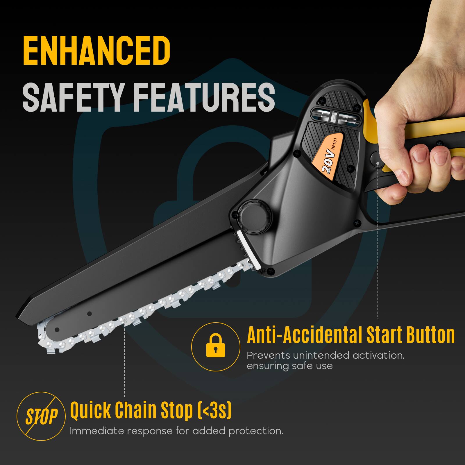 ENHANCED SAFETY FEATURES

- Anti-Accidental Start Button: Prevents unintended activation, ensuring safe use.
- Quick Chain Stop (<3s): Immediate response for added protection.