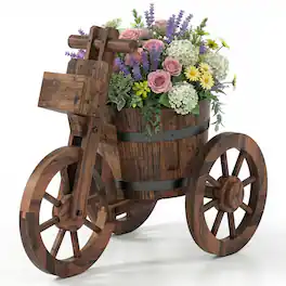 Costway - 1 PCS Rustic Wood Tricycle Planter with Barrel Pot & Storage Box for Patio Balcony Garden - Coffee