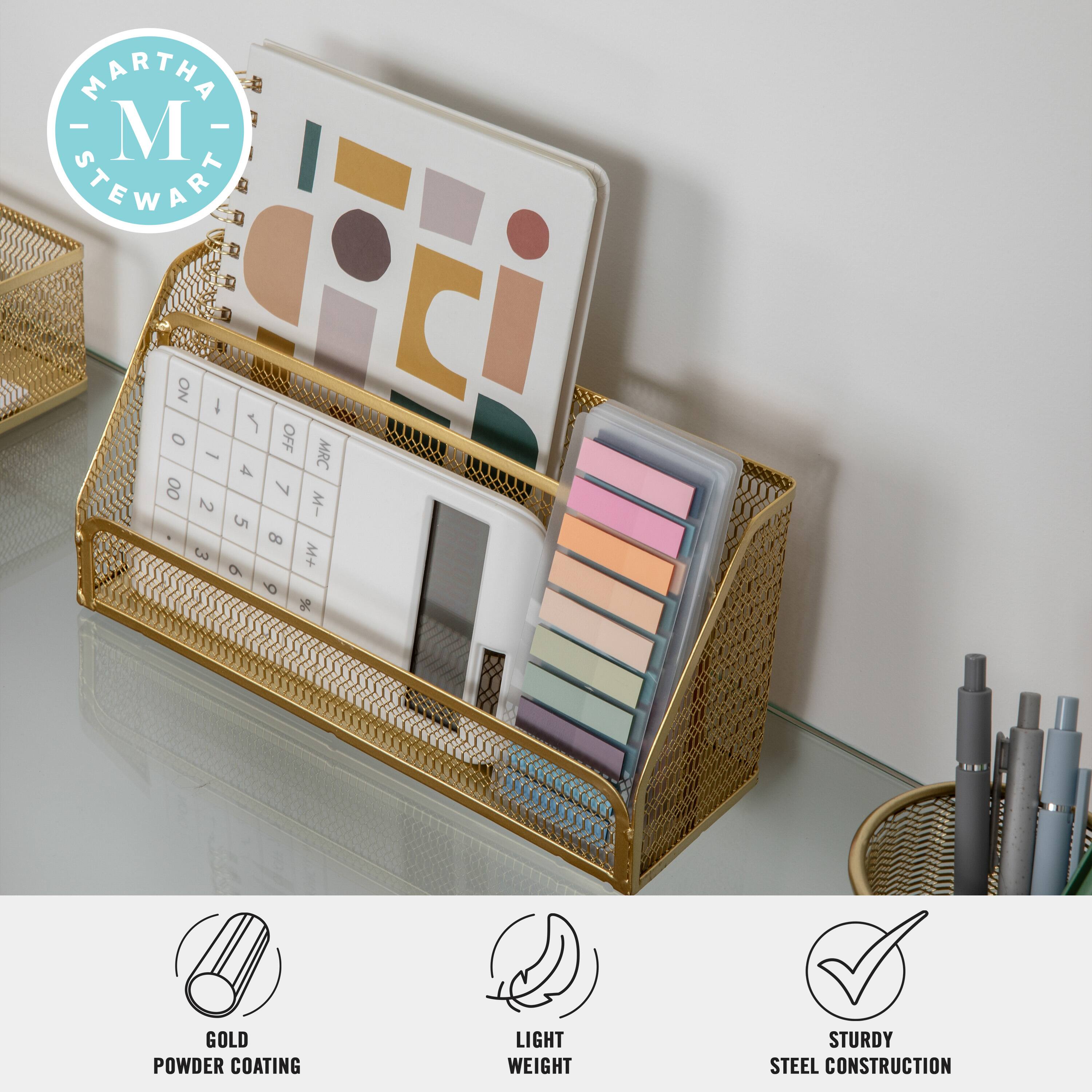 Martha Stewart is the brand name associated with the image. The image features a gold powder coating, which is lightweight and sturdy, made of steel construction.
