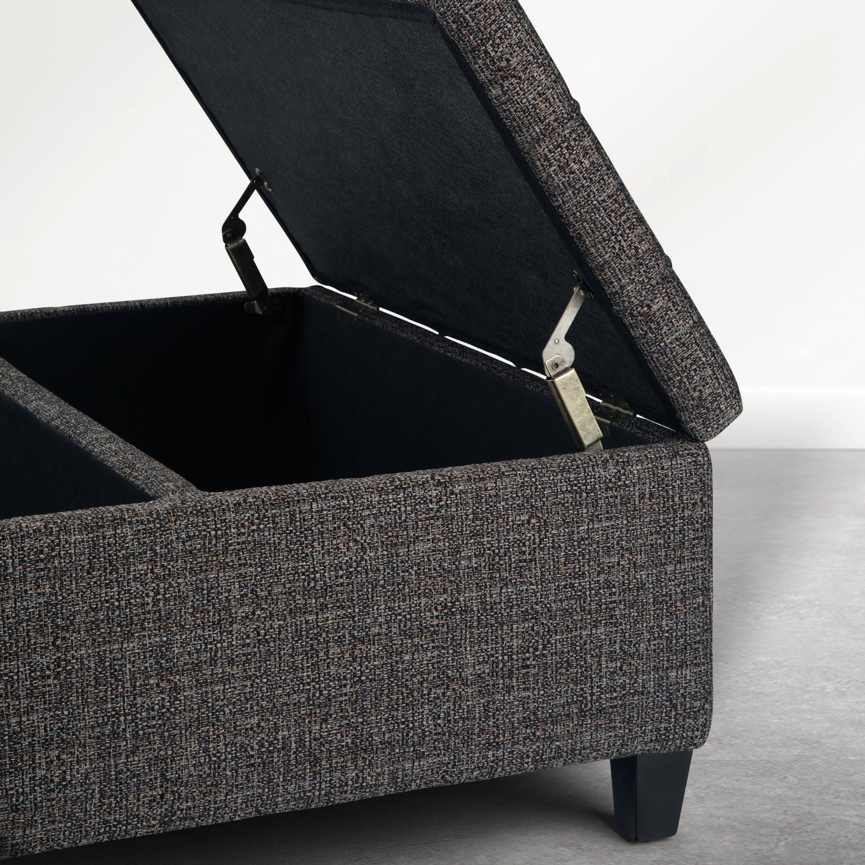 Alt View 1. Simpli Home - Harrison 36 inch Wide Upholstered Solid Wood Square Storage Ottoman, Warm Dark Charcoal Melange - Warm Dark Charcoal Melange.