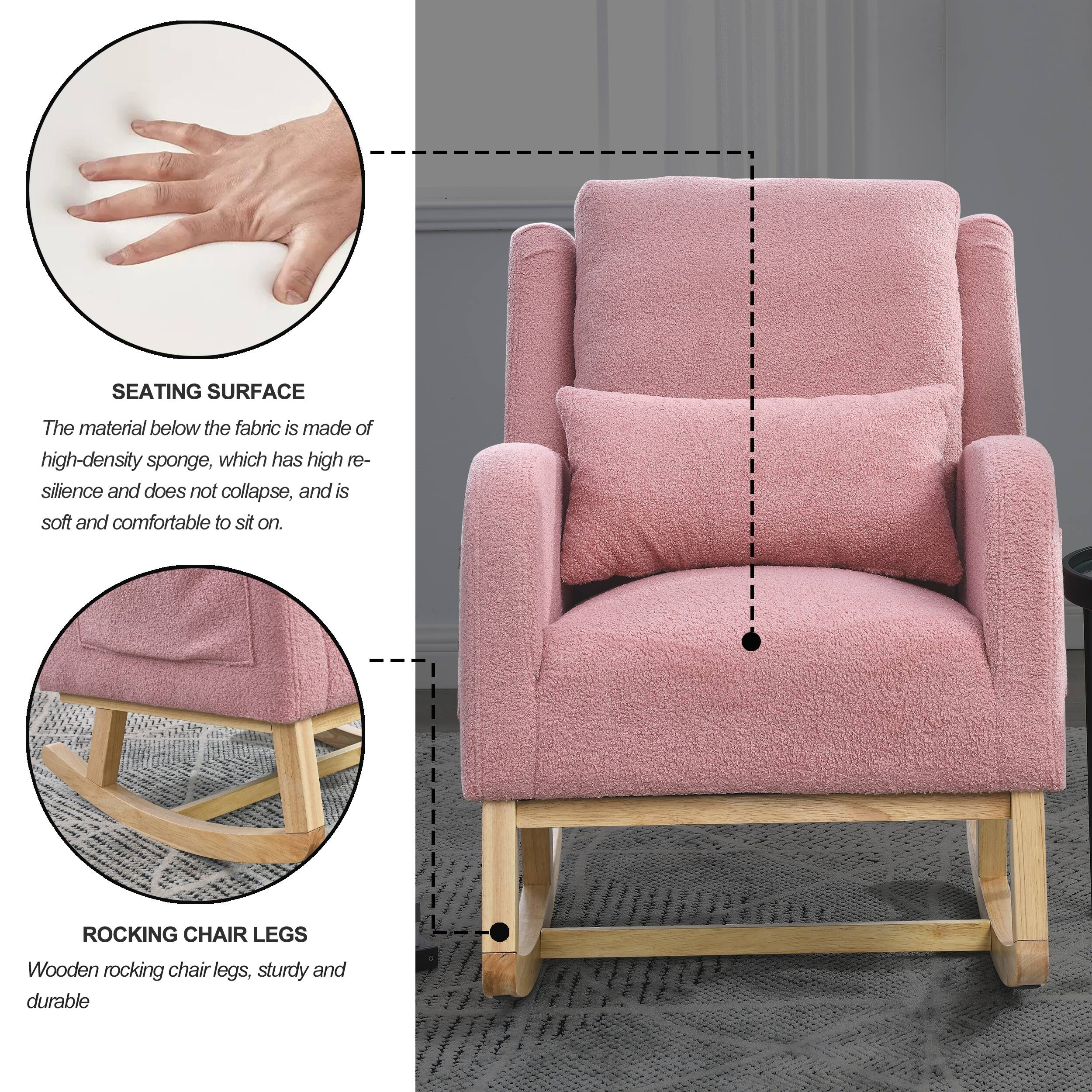 SEATING SURFACE  
The material below the fabric is made of high-density sponge, which has high resilience and does not collapse, and is soft and comfortable to sit on.

ROCKING CHAIR LEGS  
Wooden rocking chair legs, sturdy and durable