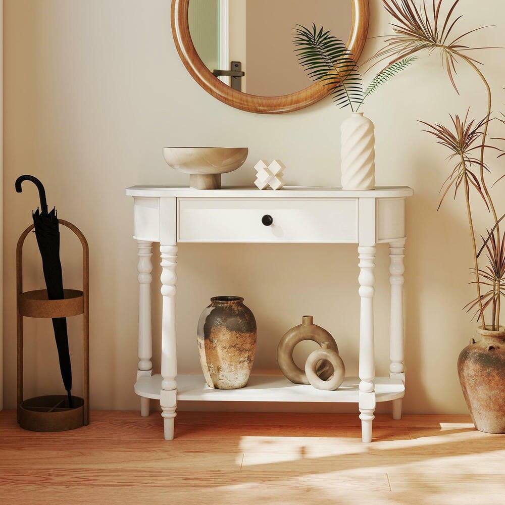 Alt View 4. Resenkos - 36"L Retro Wooden 2-Tier Narrow Console Table for Behind Couch/Foyer, White - White.