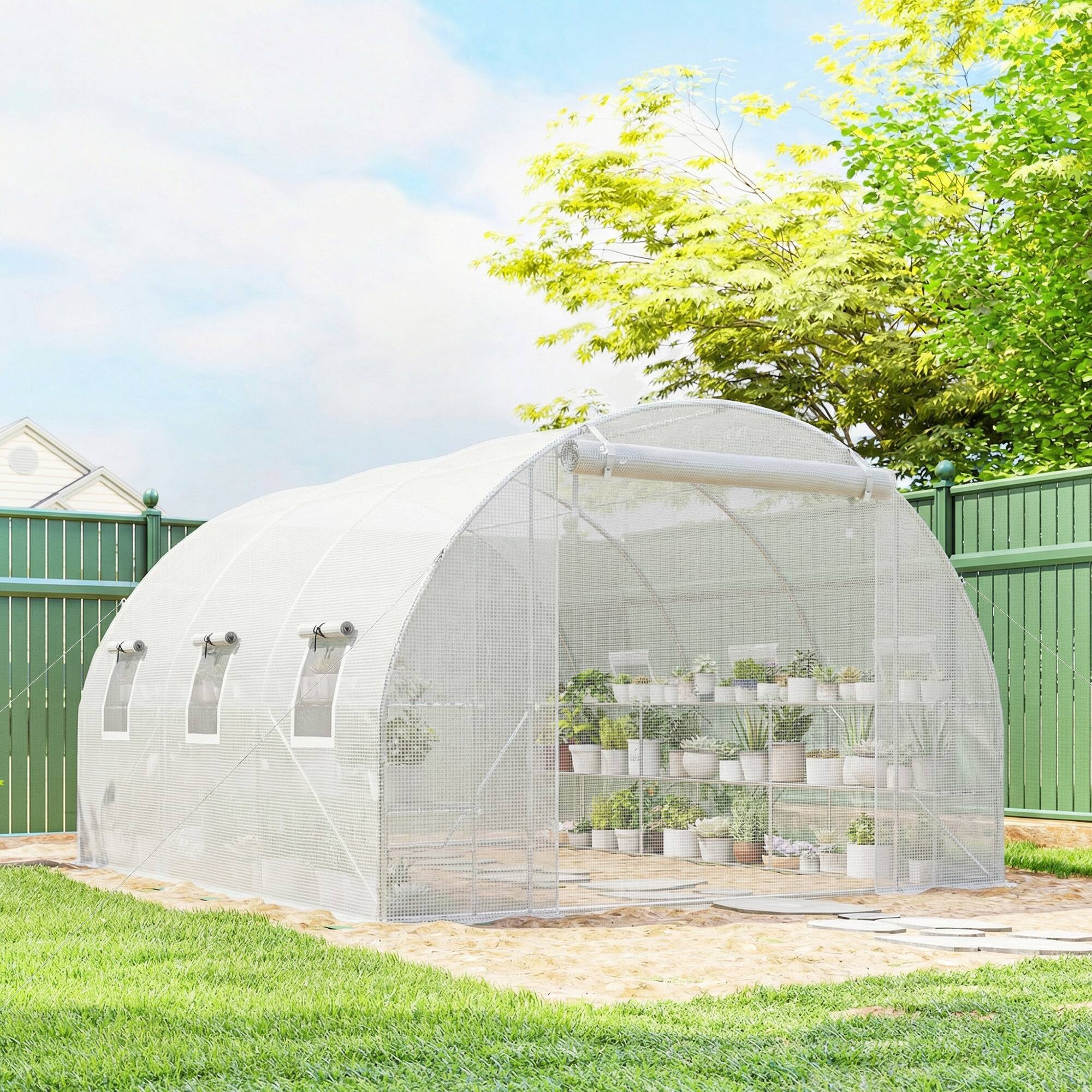 Alt View 1. Outsunny - Walk-in Tunnel Greenhouse with Shelves, Mesh Door and Windows - White.
