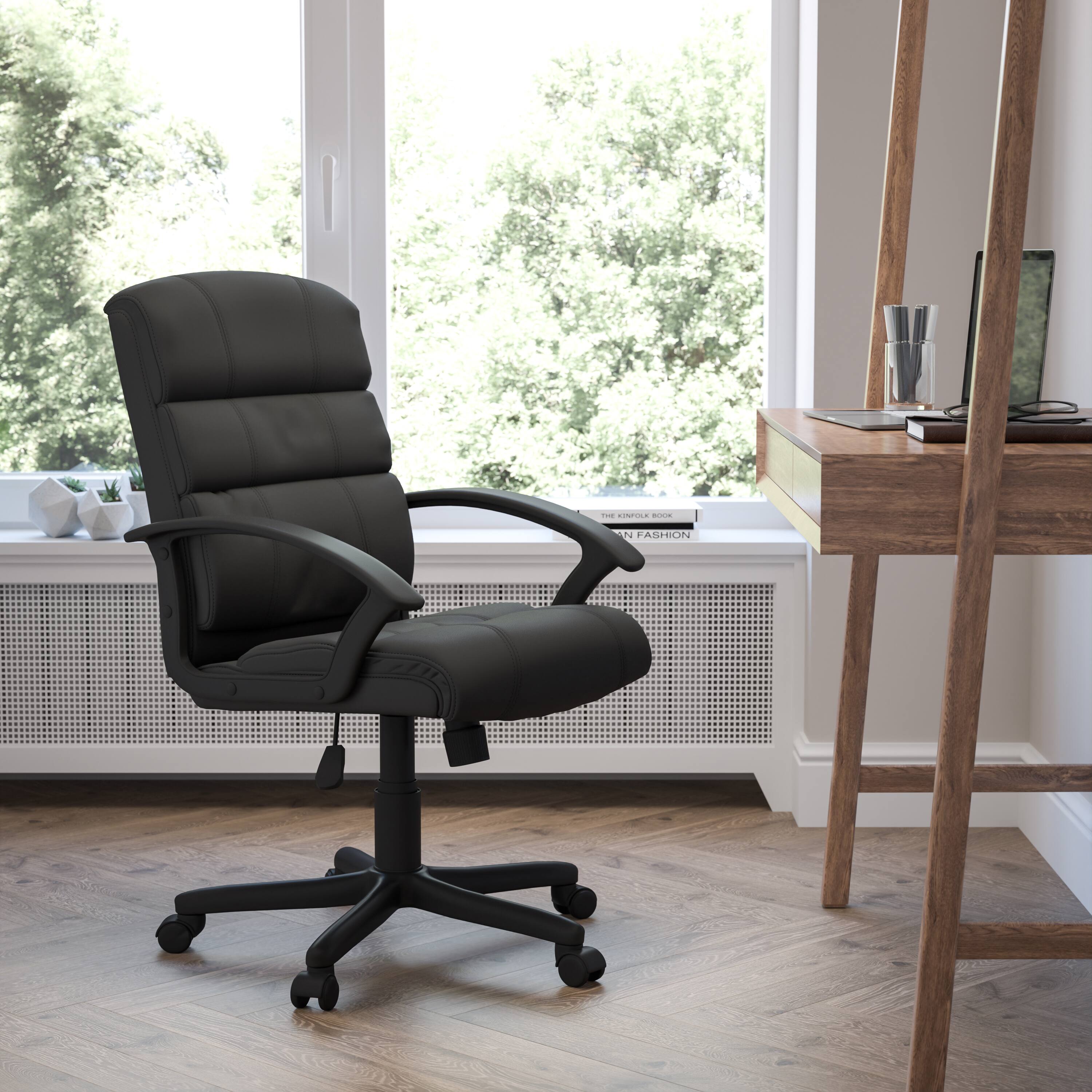 Alt View 1. Emma + Oliver - Mid-Back Leather Swivel Task Office Chair with Accent Divided Back and Arms - Black.