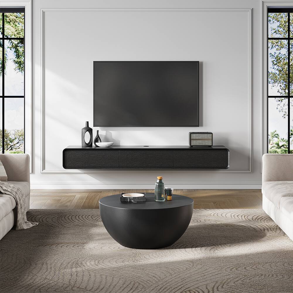 Left. POVISON - 63" Fully-Assembled Black Floating TV Stand Solid Wood - Black.