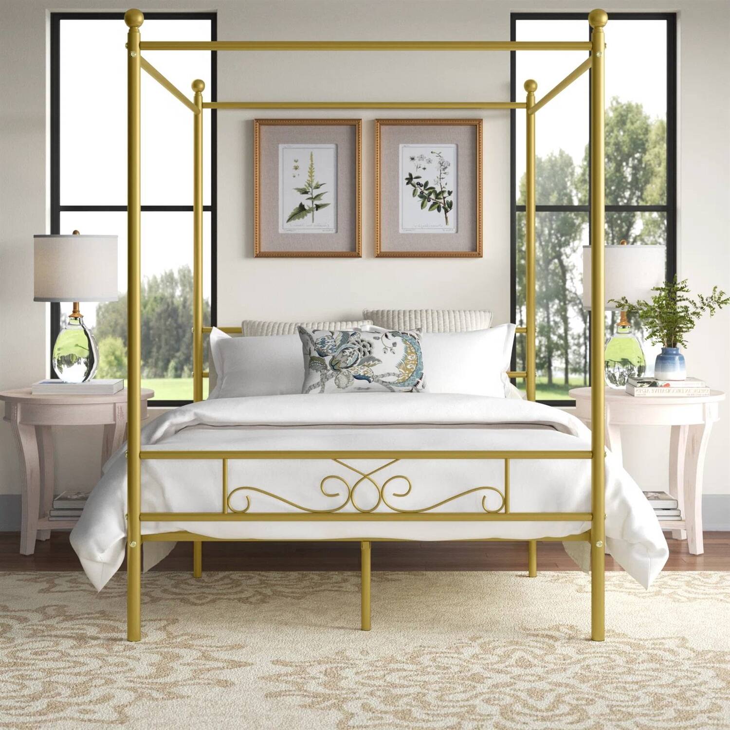 Angle. Hivvago - Full size French Country Four Poster Metal Canopy Bed in Gold Finish - Gold.