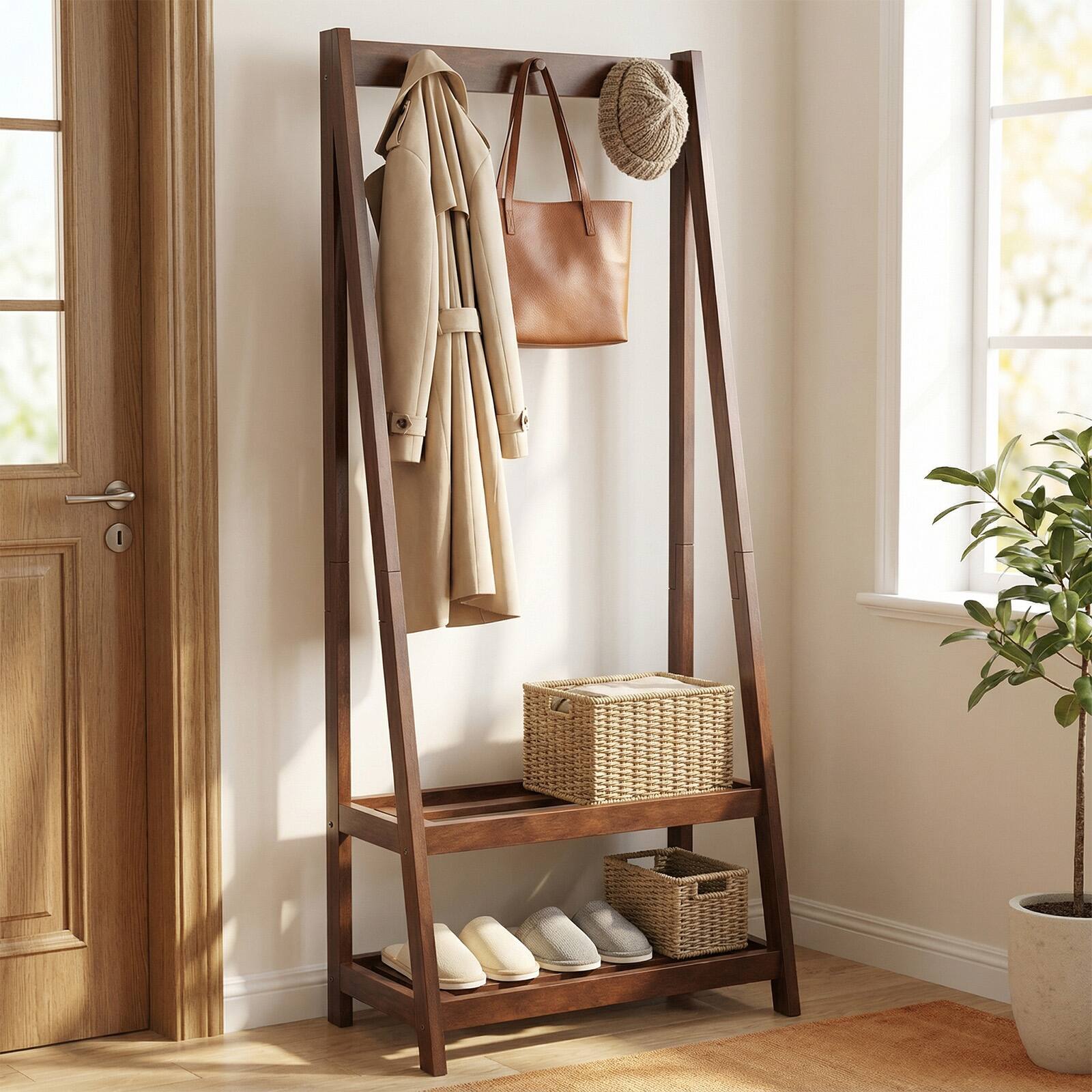 Alt View 5. Gymax - Gymax Rubber Wood Garment Rack w/3 Hooks & 2 Shelves for Entryway Bedroom and Wardrobe - Walnut.