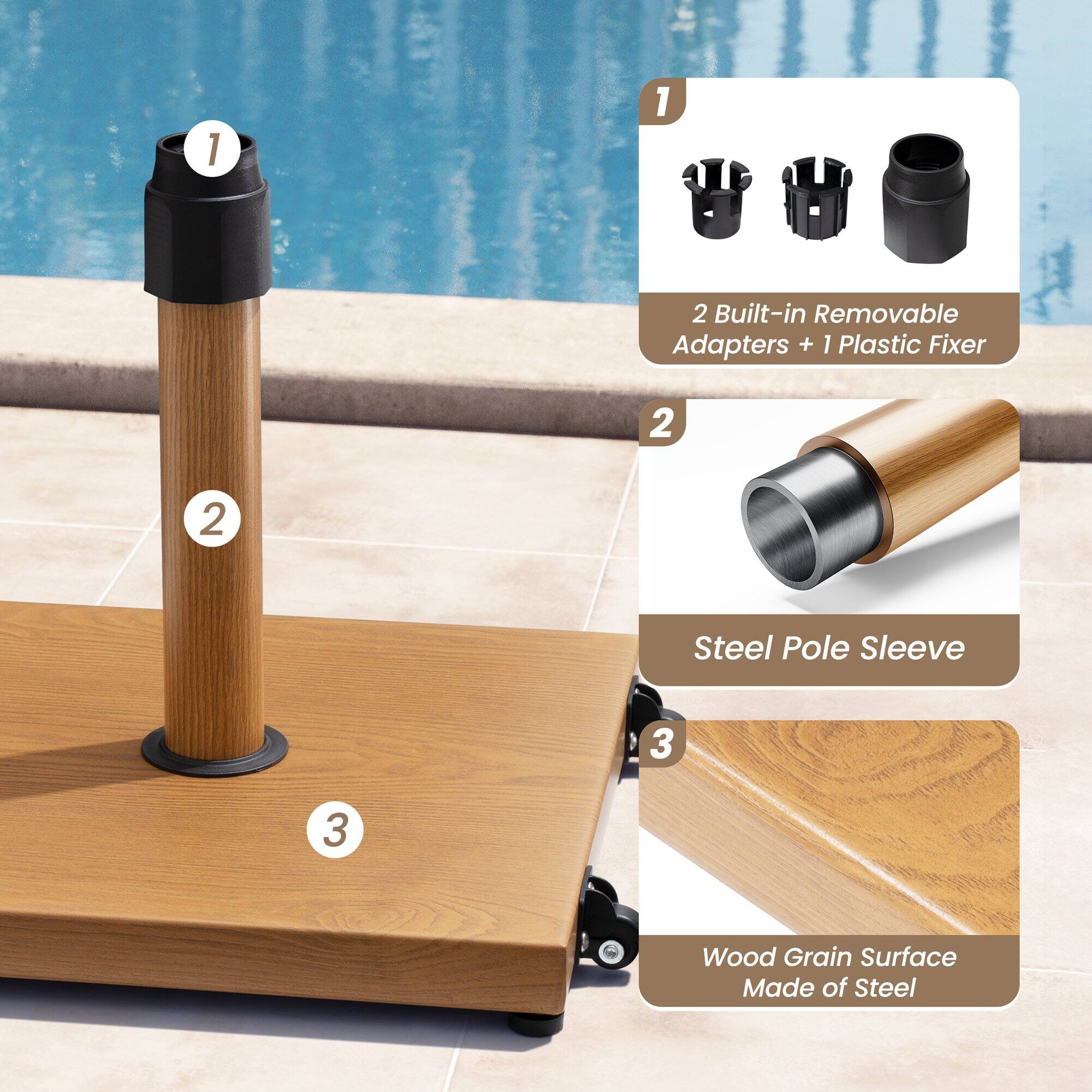 1. 2 Built-in Removable Adapters + 1 Plastic Fixer  
2. Steel Pole Sleeve  
3. Wood Grain Surface Made of Steel