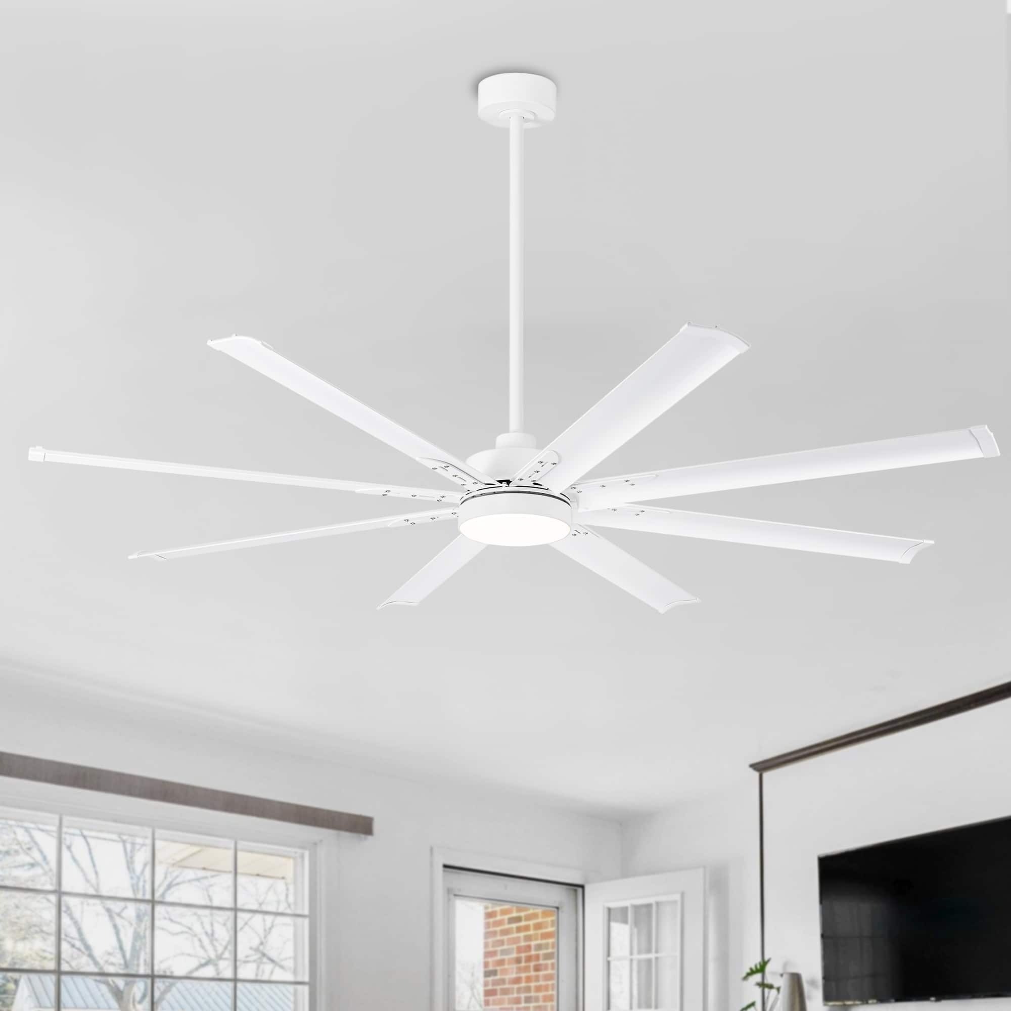 Front. Breezary - 72-In Large Ceiling Fan with 8 Aluminum Blades, DC Motor, 6-Speed Remote with Timer, 2 Downrods, Light/No Light Option - Matte White (With Light).