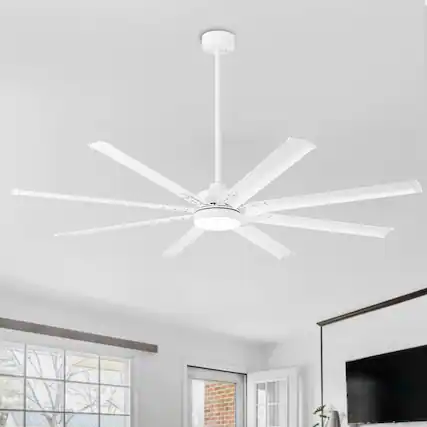 Front. Breezary - 72-In Large Ceiling Fan with 8 Aluminum Blades, DC Motor, 6-Speed Remote with Timer, 2 Downrods, Light/No Light Option - Matte White (With Light).