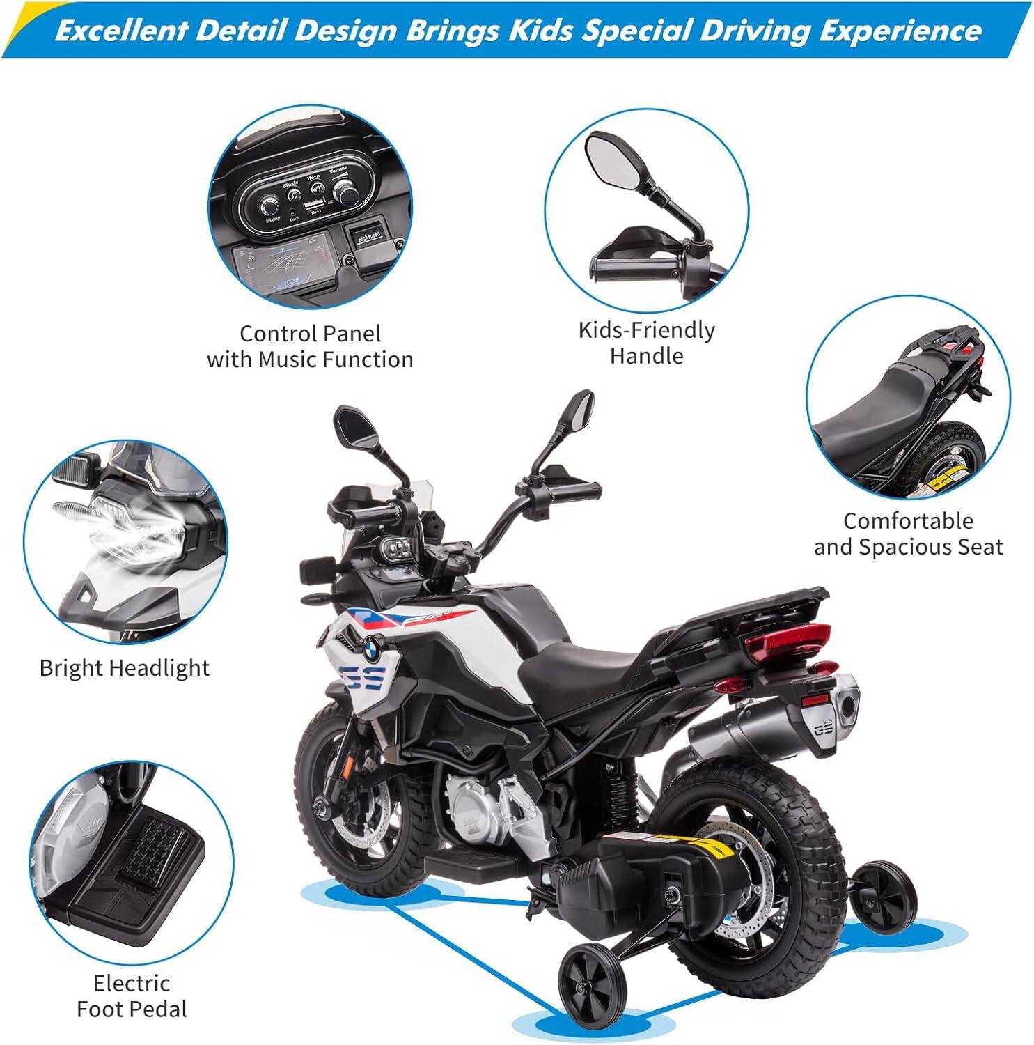 Excellent Detail Design Brings Kids Special Driving Experience

- Control Panel with Music Function
- Kids-Friendly Handle
- Bright Headlight
- Comfortable and Spacious Seat
- Electric Foot Pedal