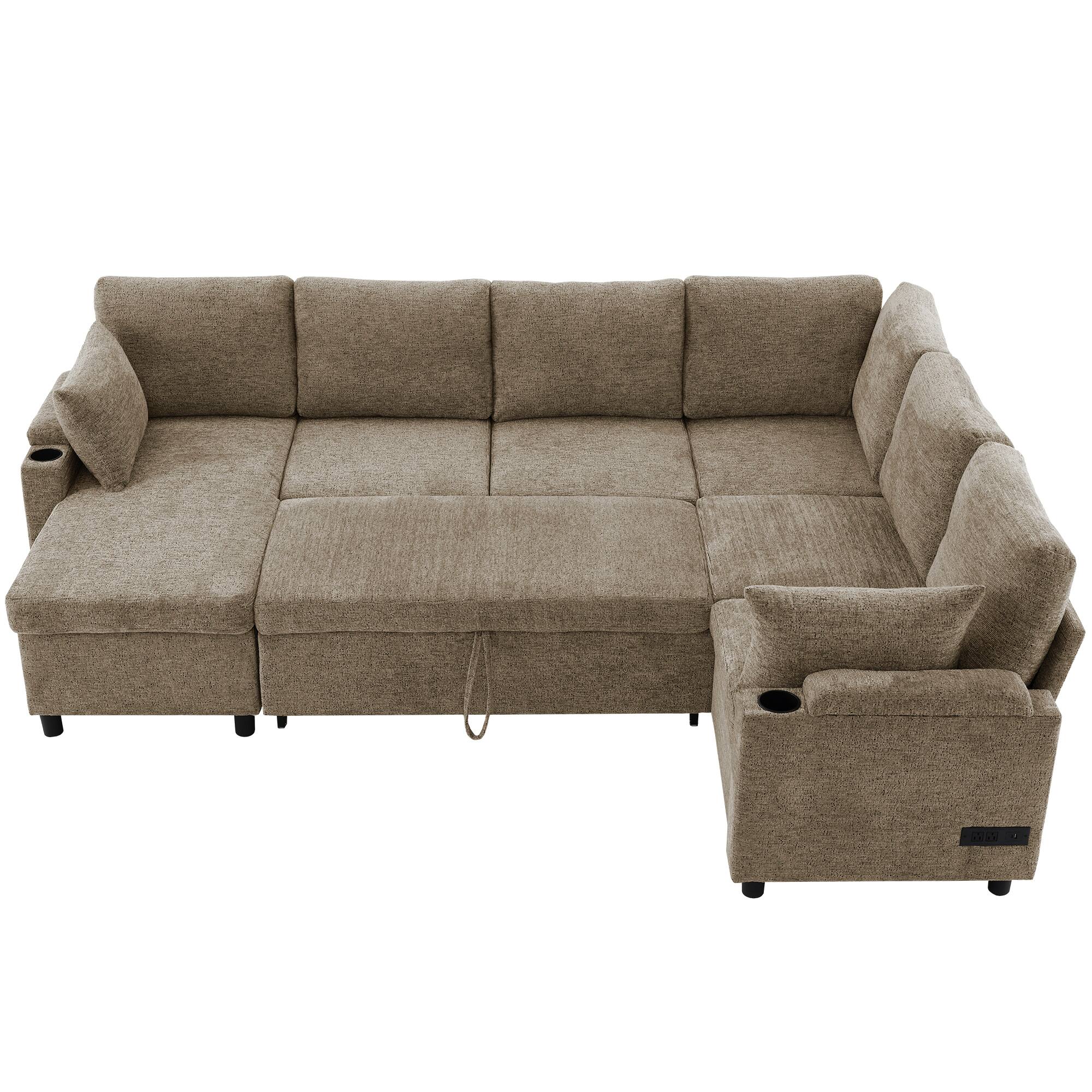 Back. Whisen - 110" U-Shaped Sectional Sofa Bed with Storage Chaise,USB Ports & Cup Holders for Living Room - Brown.
