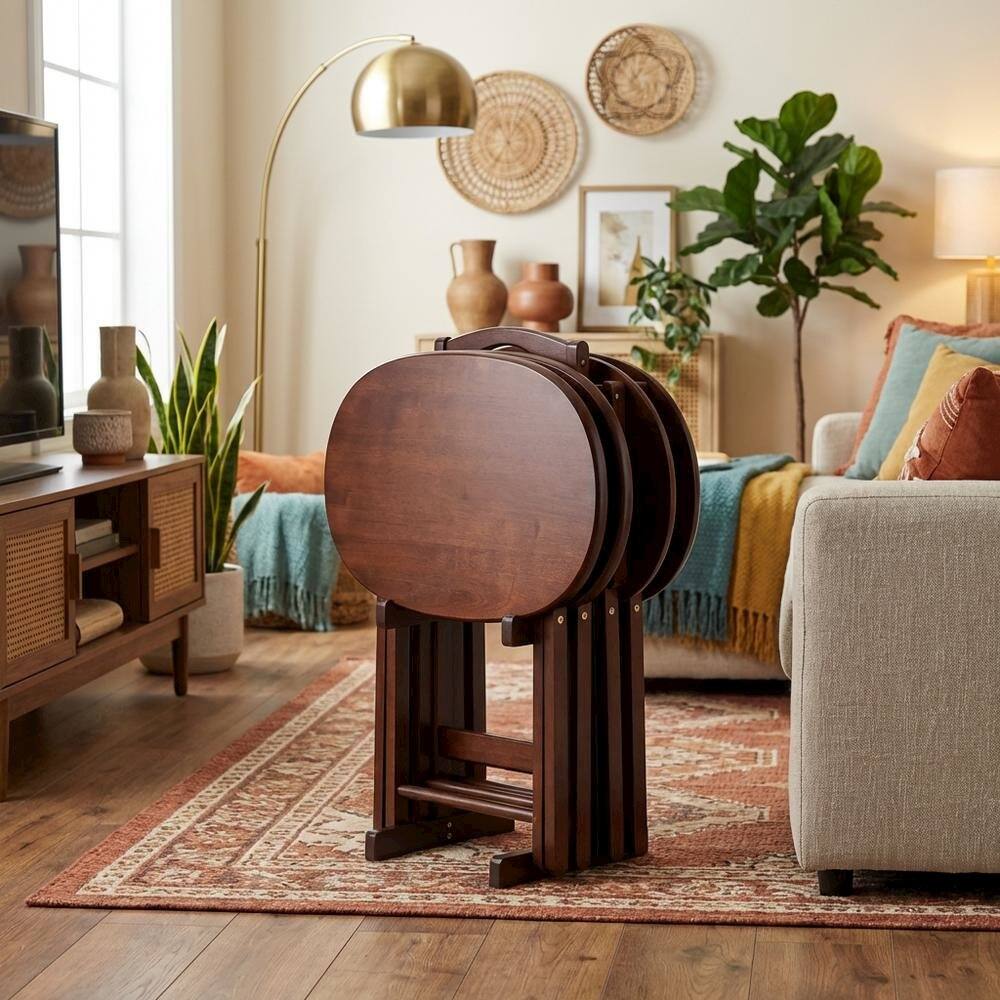 Alt View 3. FurniFact - Solid Wood Brown 5 Piece TV Trays Set With 4 Folding Tables And Stand - Cappuccino.