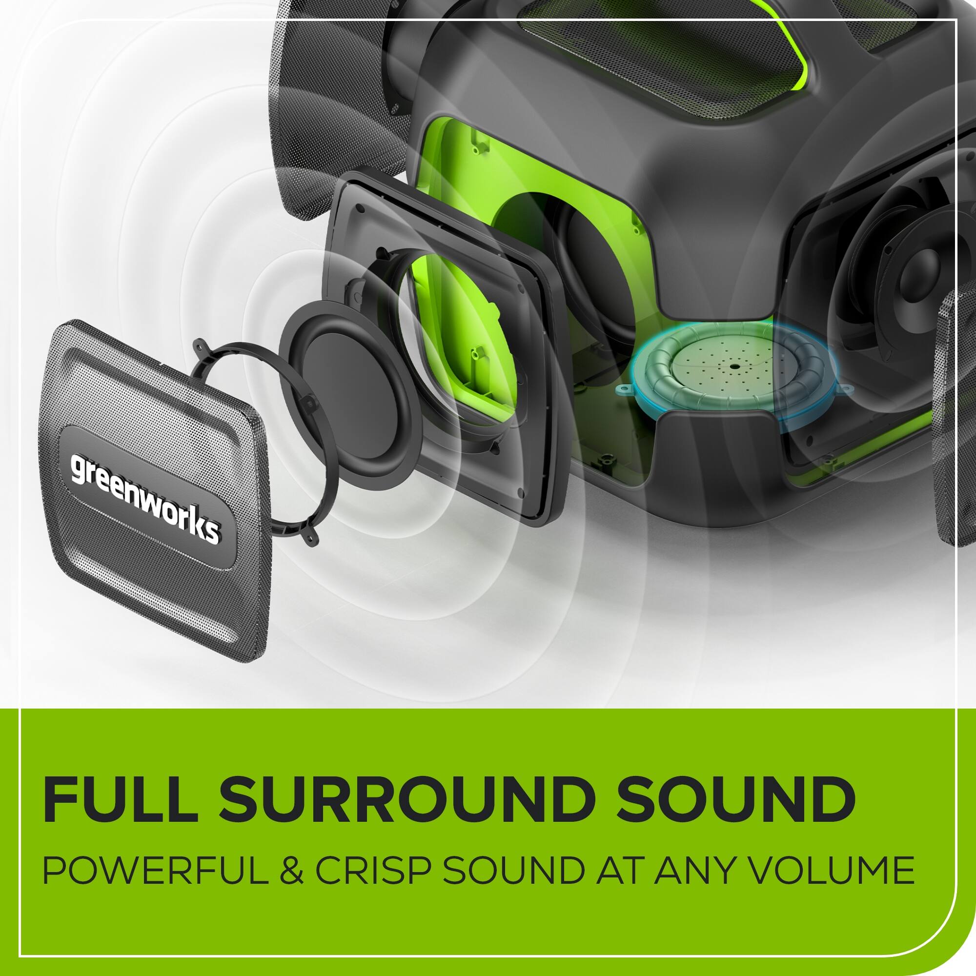 greenworks FULL SURROUND SOUND POWERFUL & CRISP SOUND AT ANY VOLUME
