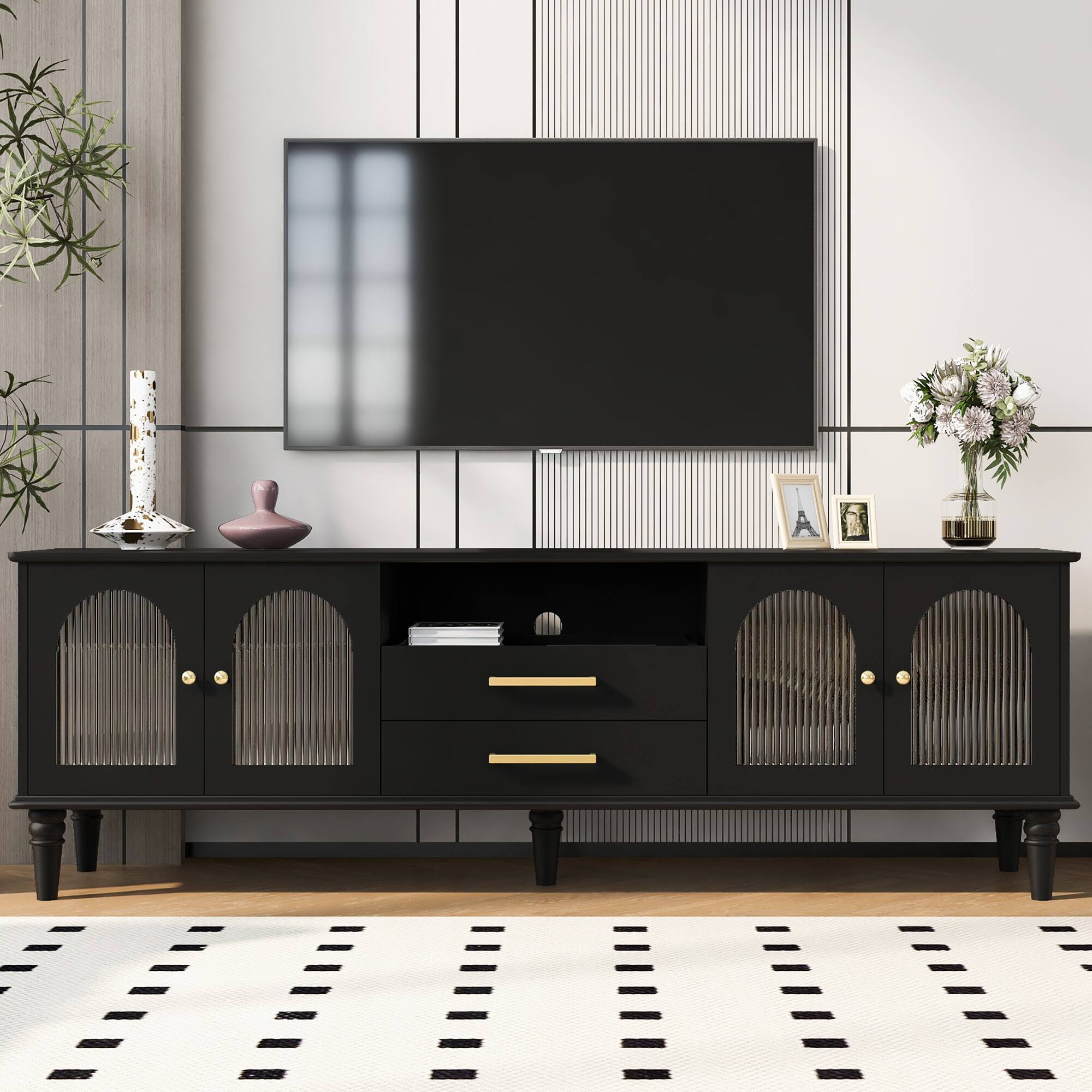 Front. Bestier - Bestier 69" Retro TV Stand for TVs up to 75", Entertainment Center Console with Arched Glass Doors,2 Storage Drawers - Black.