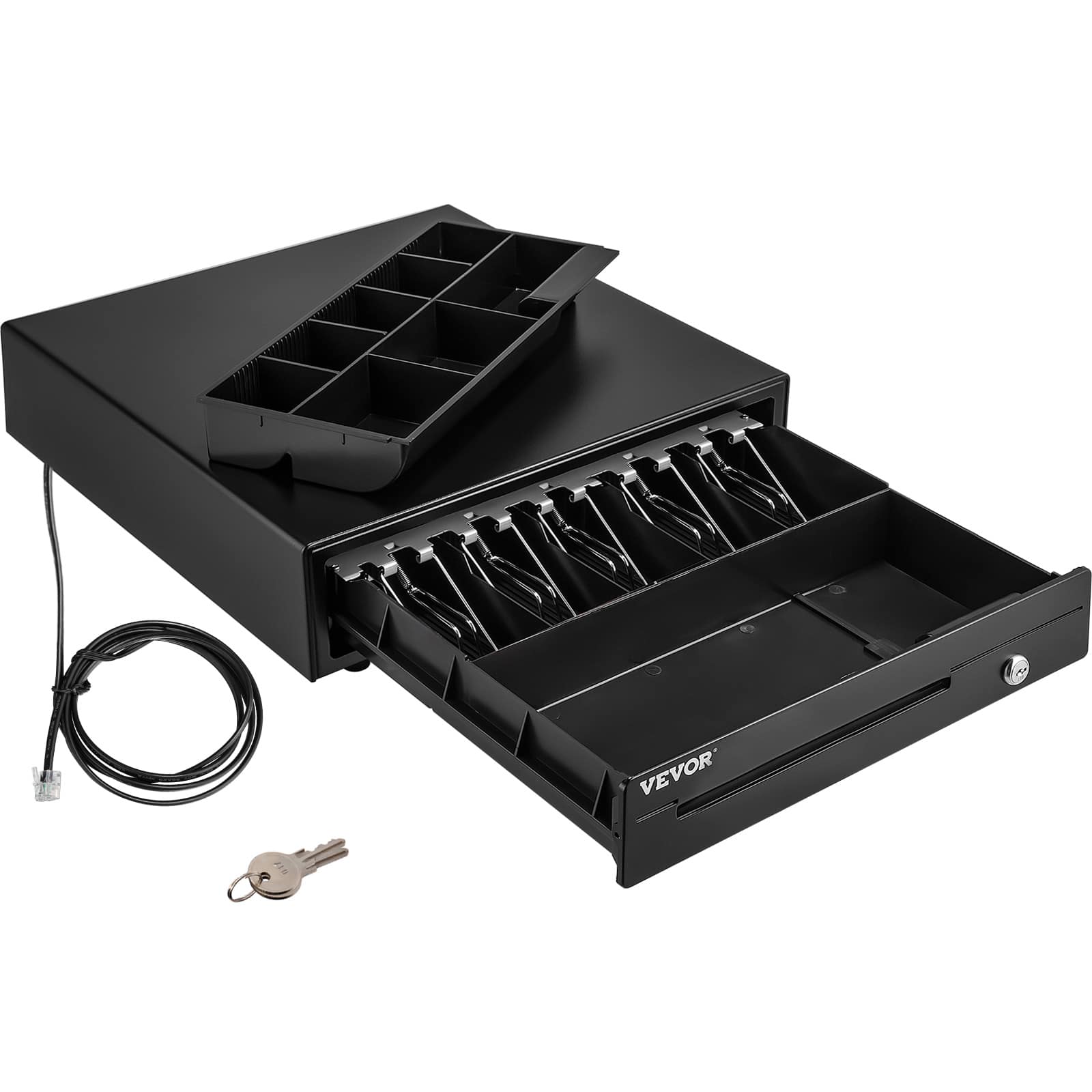 Front. VEVOR - Cash Register Drawer, 16" 12 V, for POS System with 5 Bill 8 Coin Cash Tray,Removable Coin Compartment & 2 Keys Included - Black.